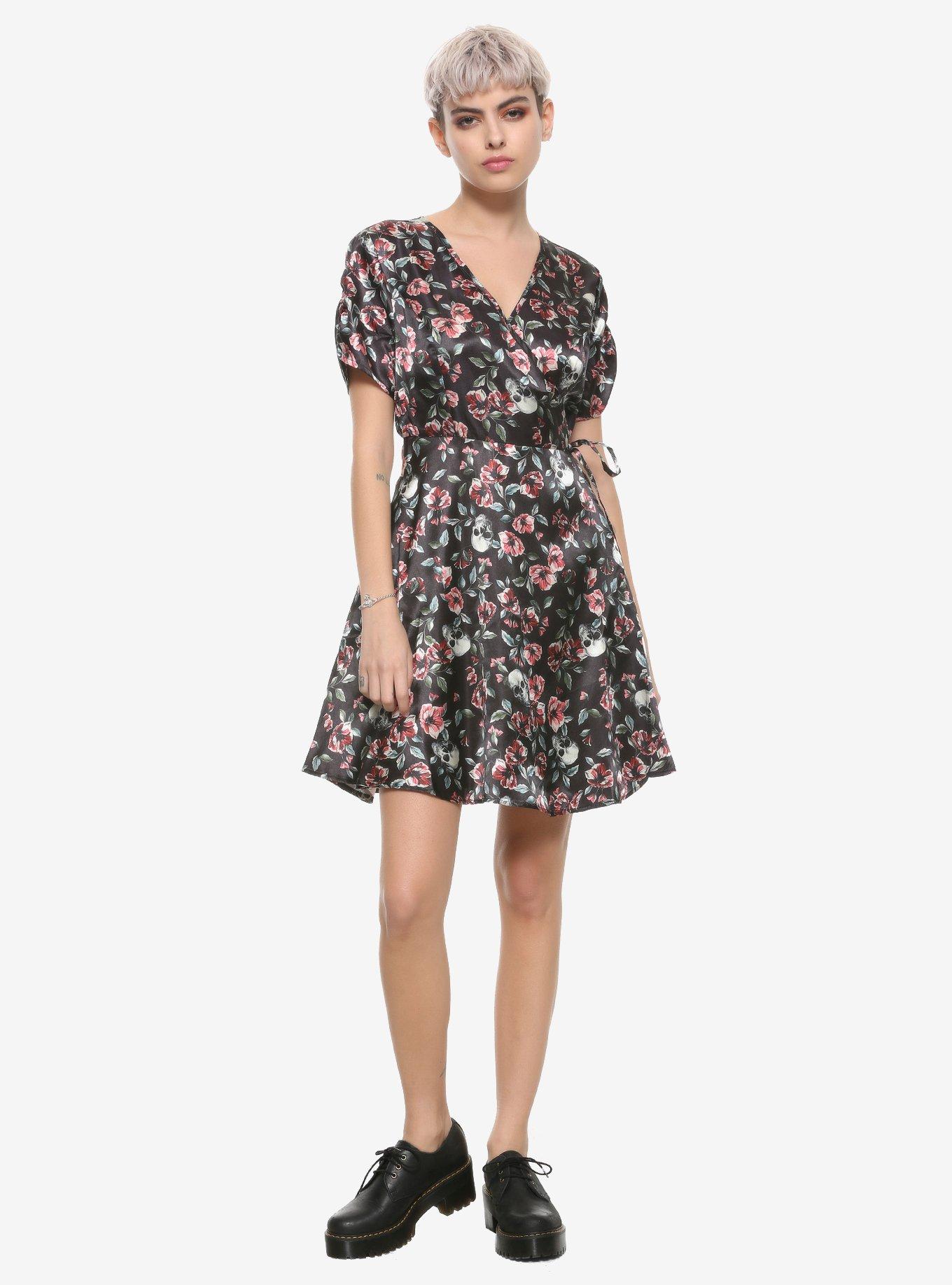 Skulls & Florals Satin Wrap Dress, FLORAL, alternate