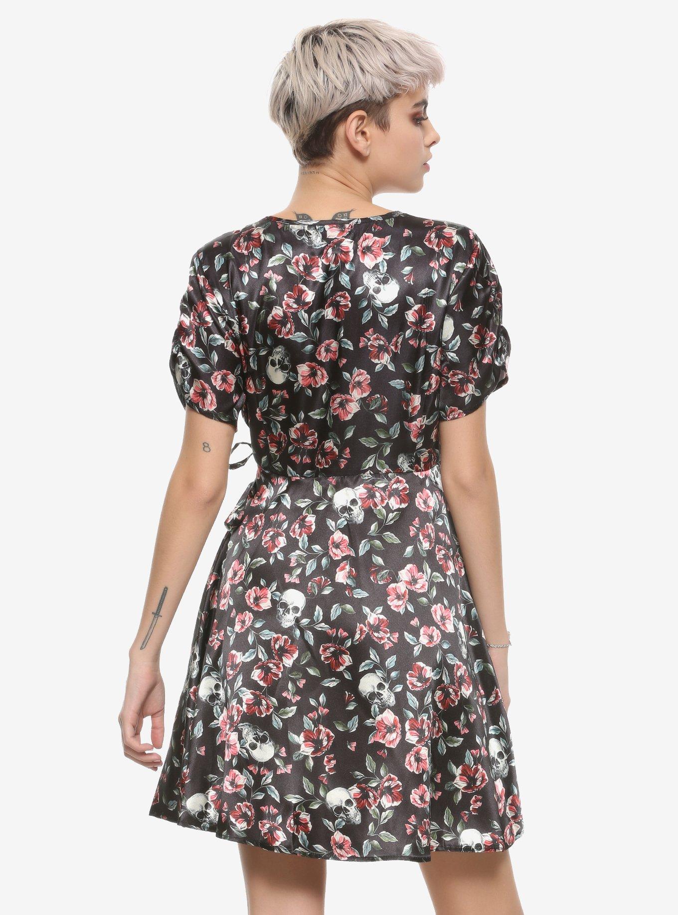 Skulls & Florals Satin Wrap Dress, FLORAL, alternate