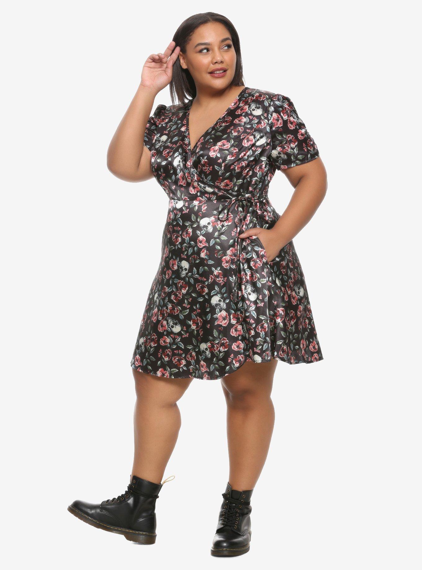 Skulls & Florals Satin Wrap-Front Dress Plus Size, FLORAL, alternate