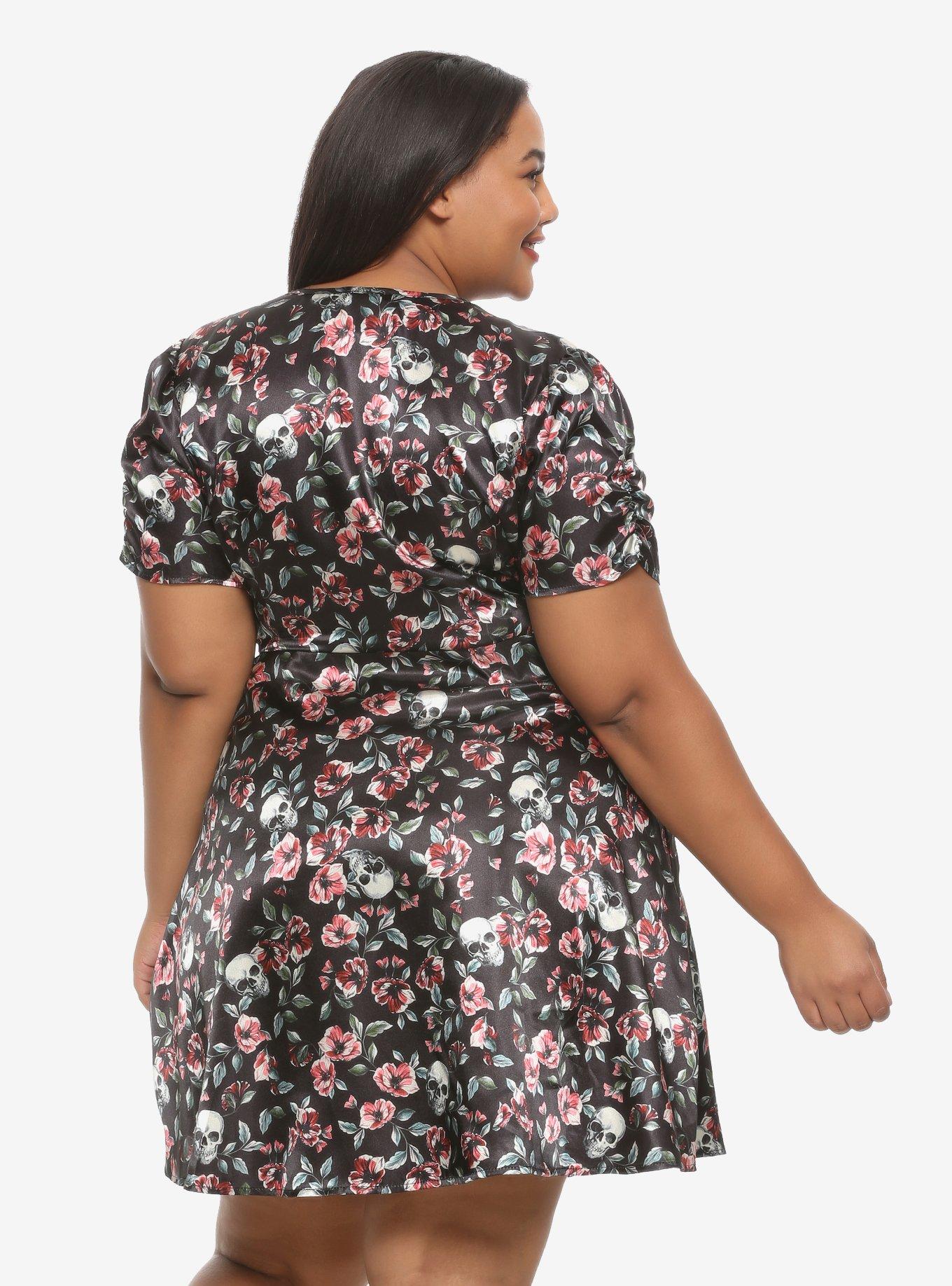 Skulls & Florals Satin Wrap-Front Dress Plus Size, FLORAL, alternate