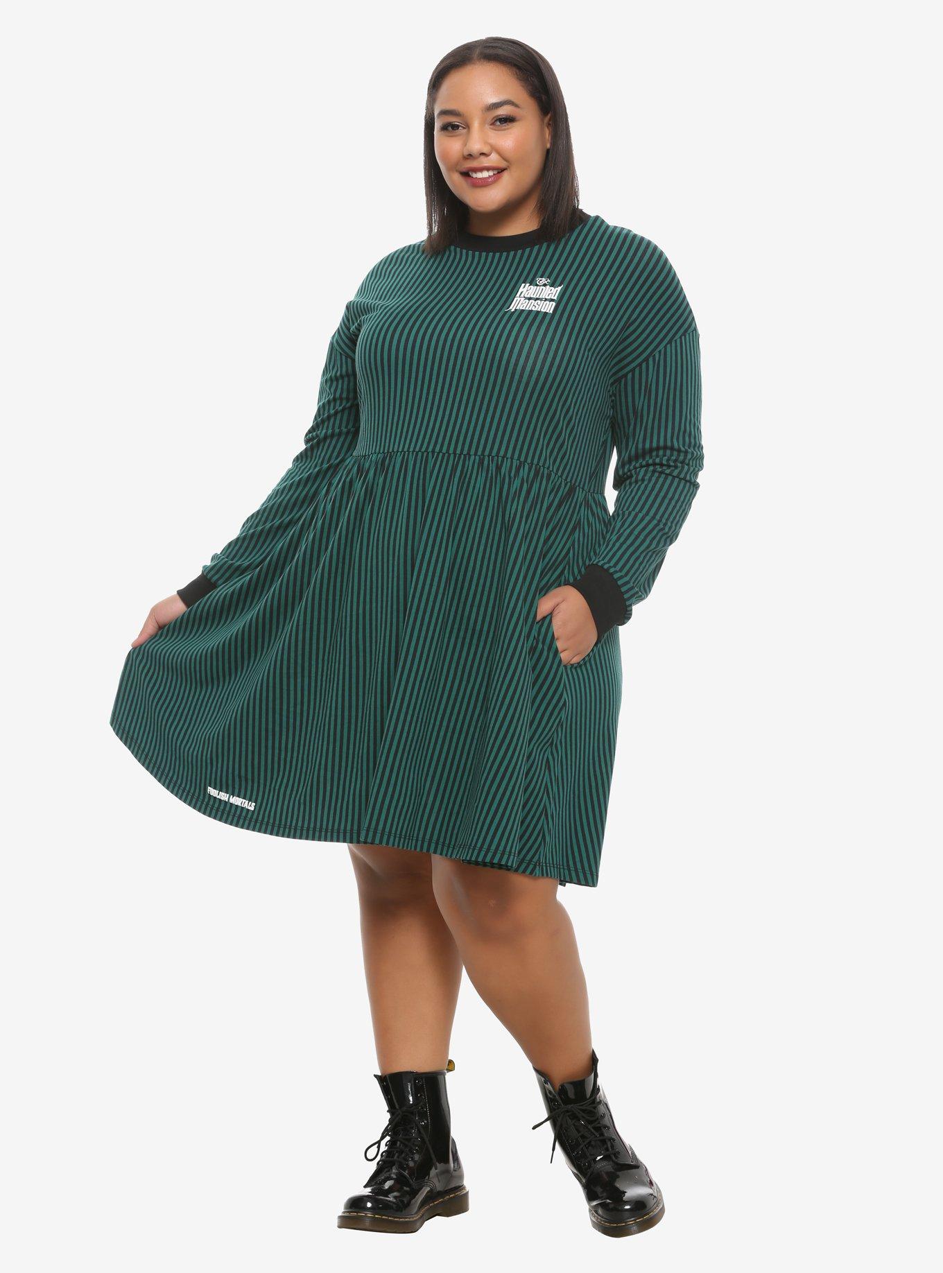Disney The Haunted Mansion Green & Black Striped Long-Sleeve Dress Plus Size, , hi-res