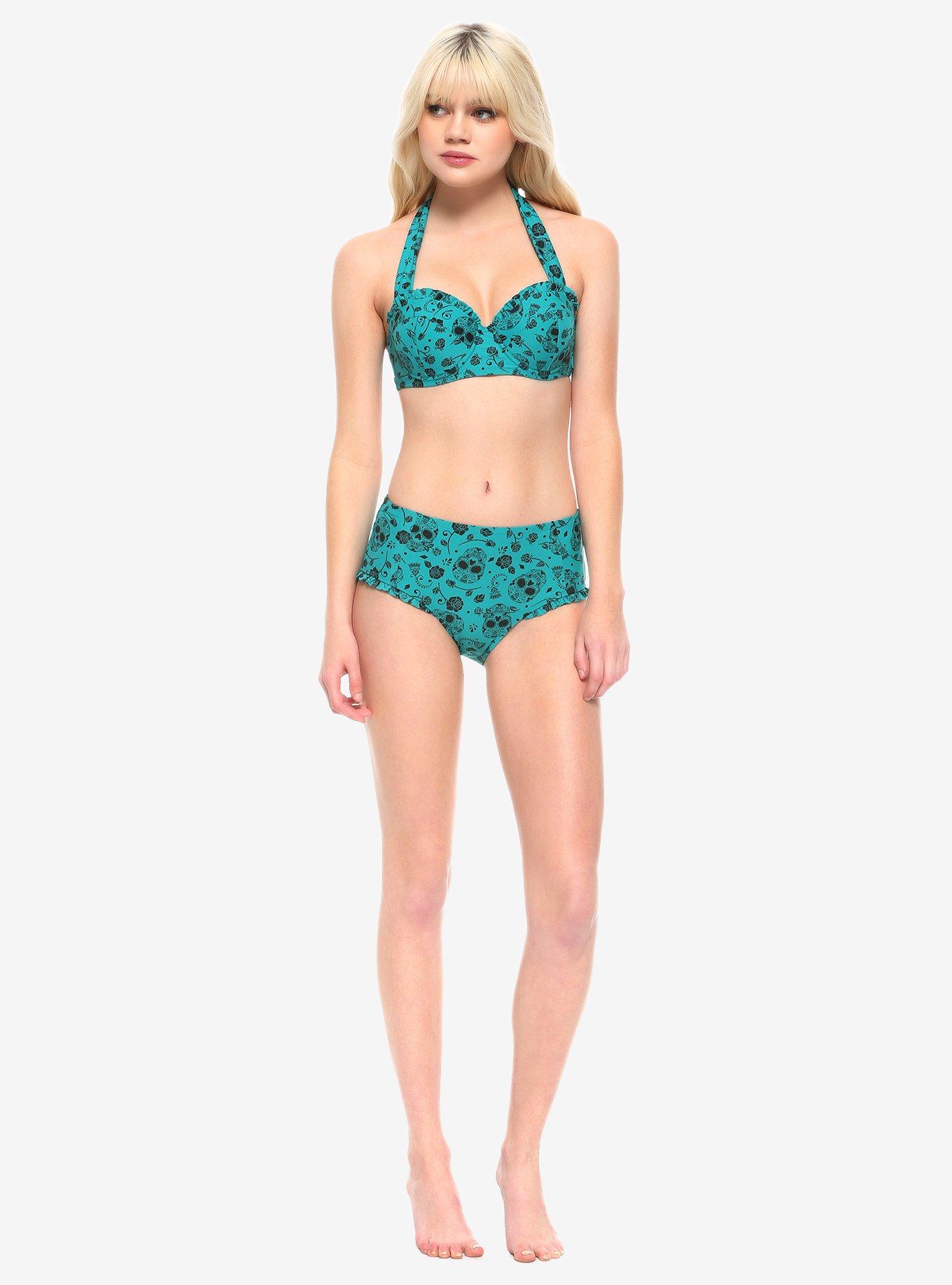 Teal Skull & Roses High-Waisted Ruffle Swim Bottoms, MULTI, alternate