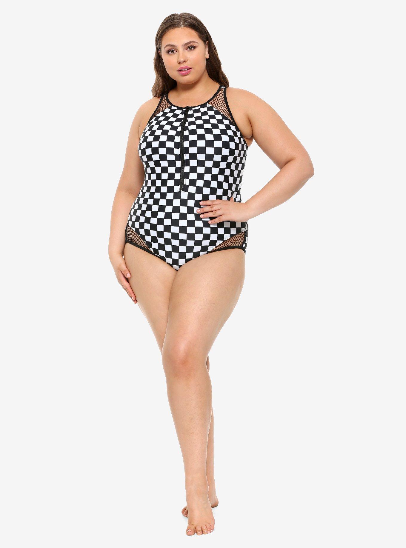 Black & White Checkered Zip-Up Swimsuit Plus Size, MULTI, alternate