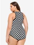 Black & White Checkered Zip-Up Swimsuit Plus Size, MULTI, alternate