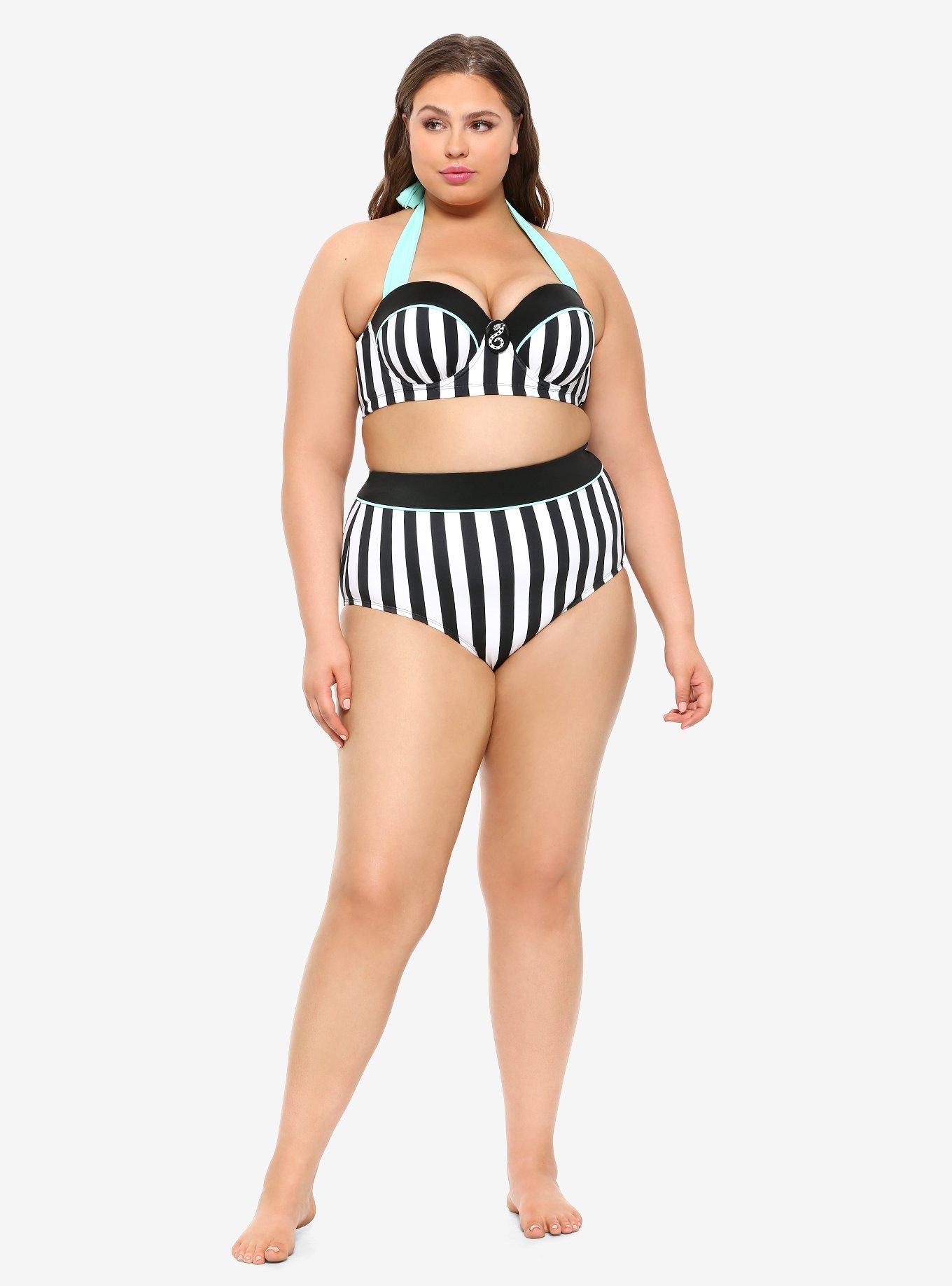 Beetlejuice Striped Halter Swim Top Plus Size, MULTI, alternate