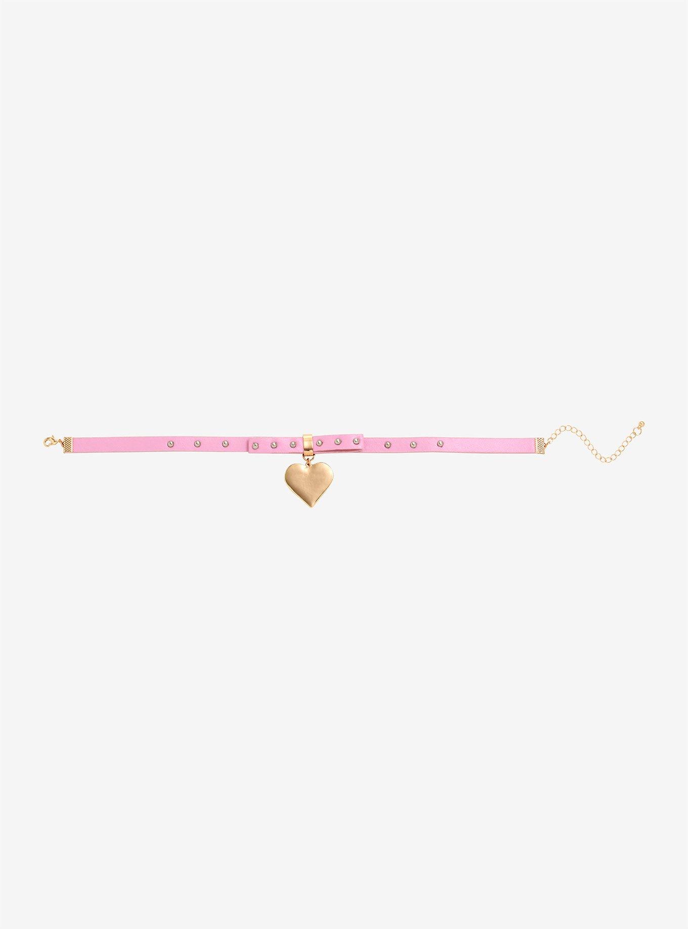 Gold Heart Charm Pink Choker, , alternate