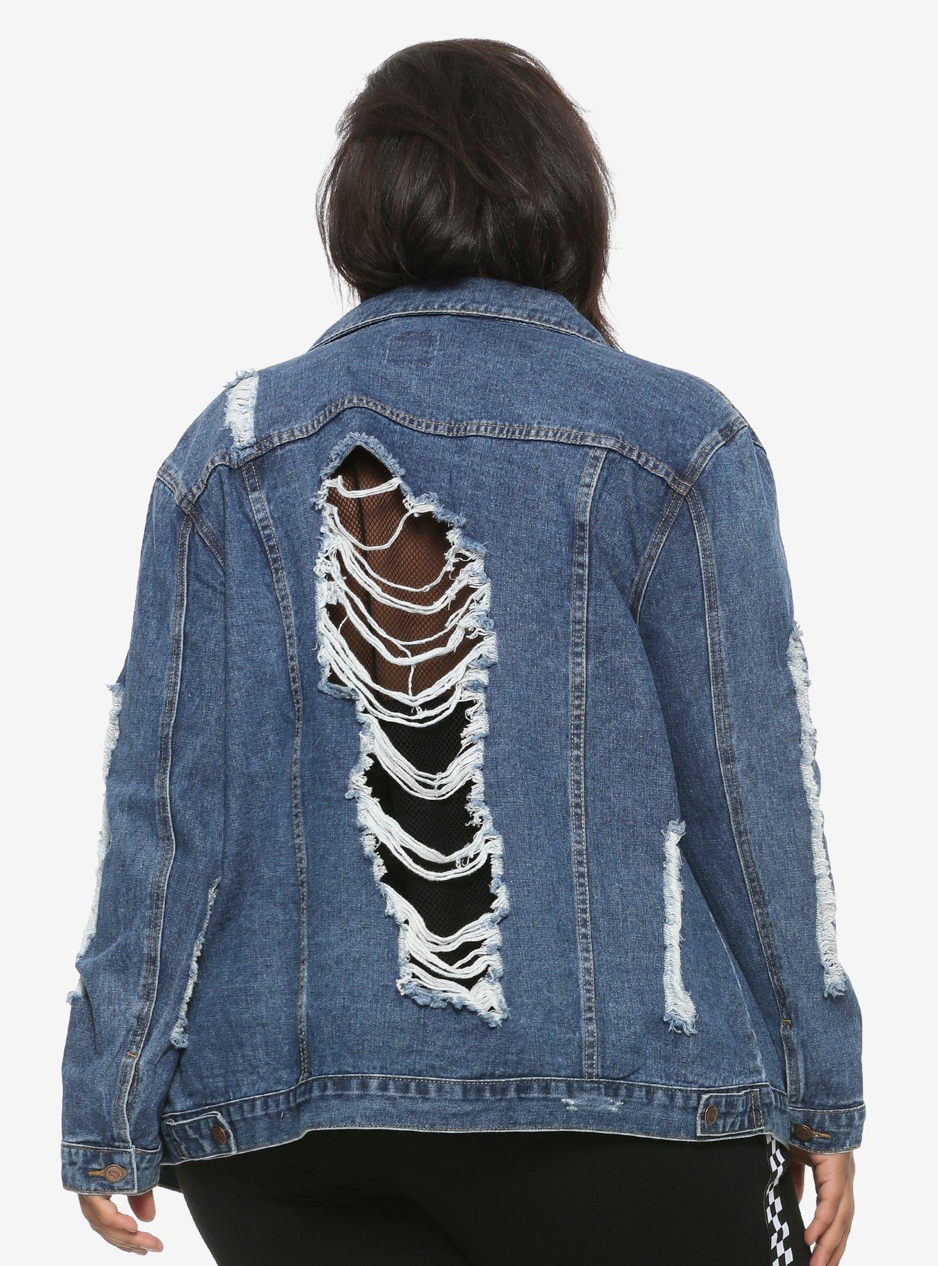 Destructed Fishnet Girls Denim Jacket Plus Size, DENIM, alternate