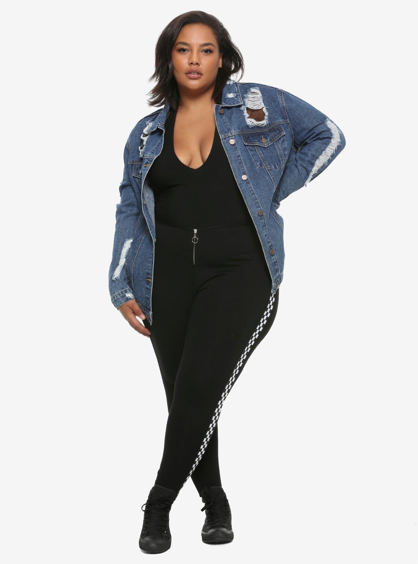 Destructed Fishnet Girls Denim Jacket Plus Size, DENIM, alternate