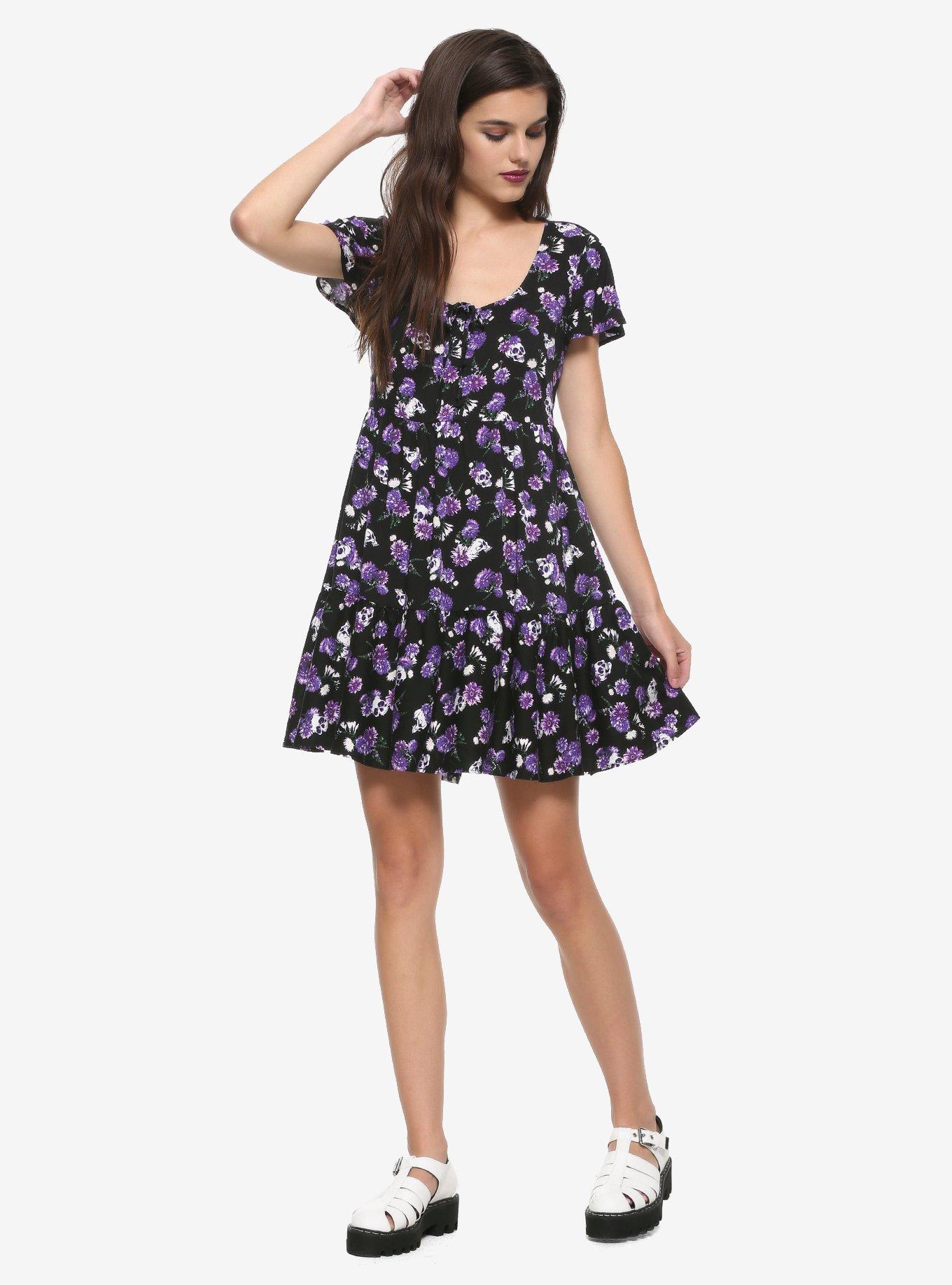 Purple Flowers & Skulls Dress, FLORAL - PURPLE, alternate