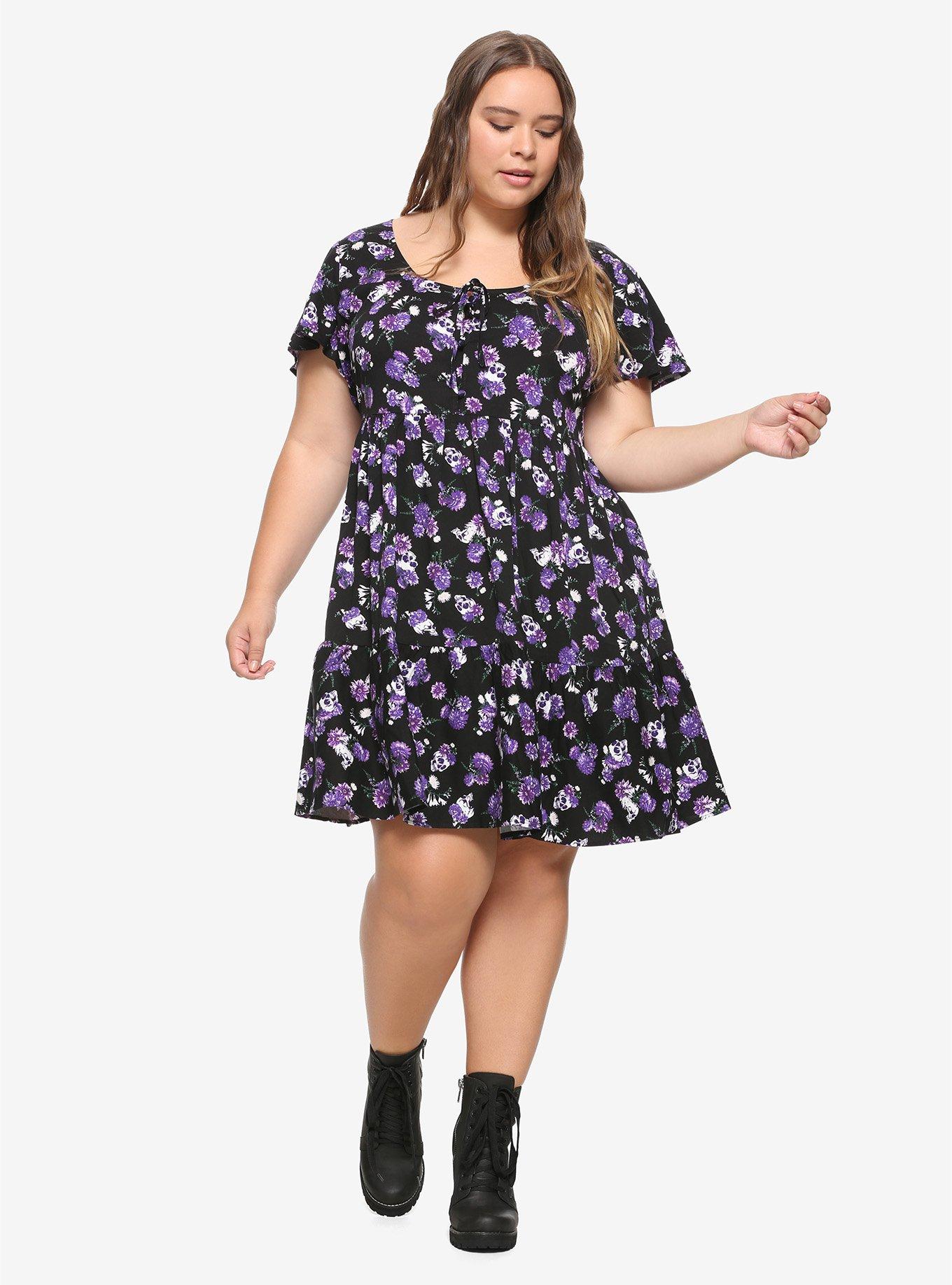 Purple Flowers & Skulls Dress Plus Size, FLORAL - PURPLE, alternate