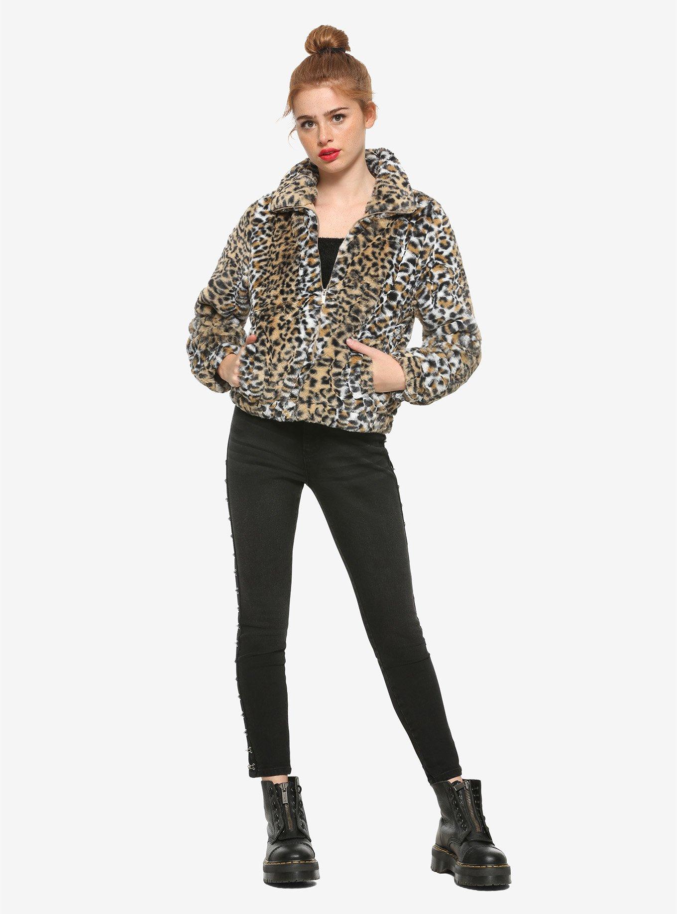 Leopard Print Faux Fur Girls Bomber Jacket, ANIMAL, alternate