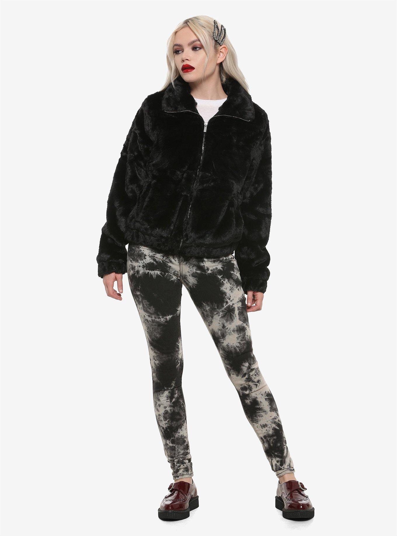 Black Faux Fur Girls Bomber Jacket, BLACK, alternate