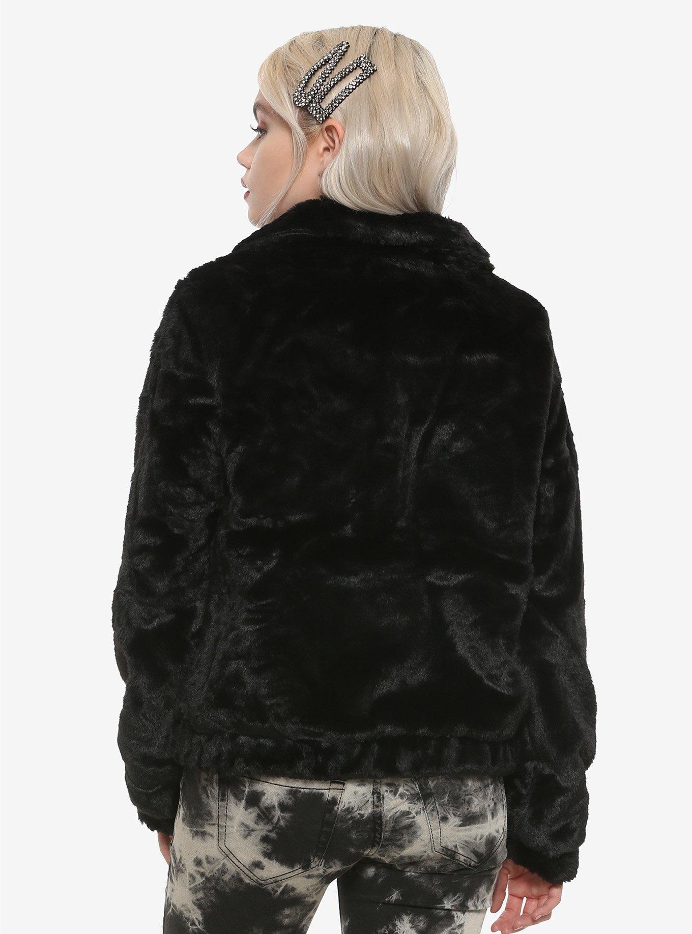 Black Faux Fur Girls Bomber Jacket, BLACK, alternate