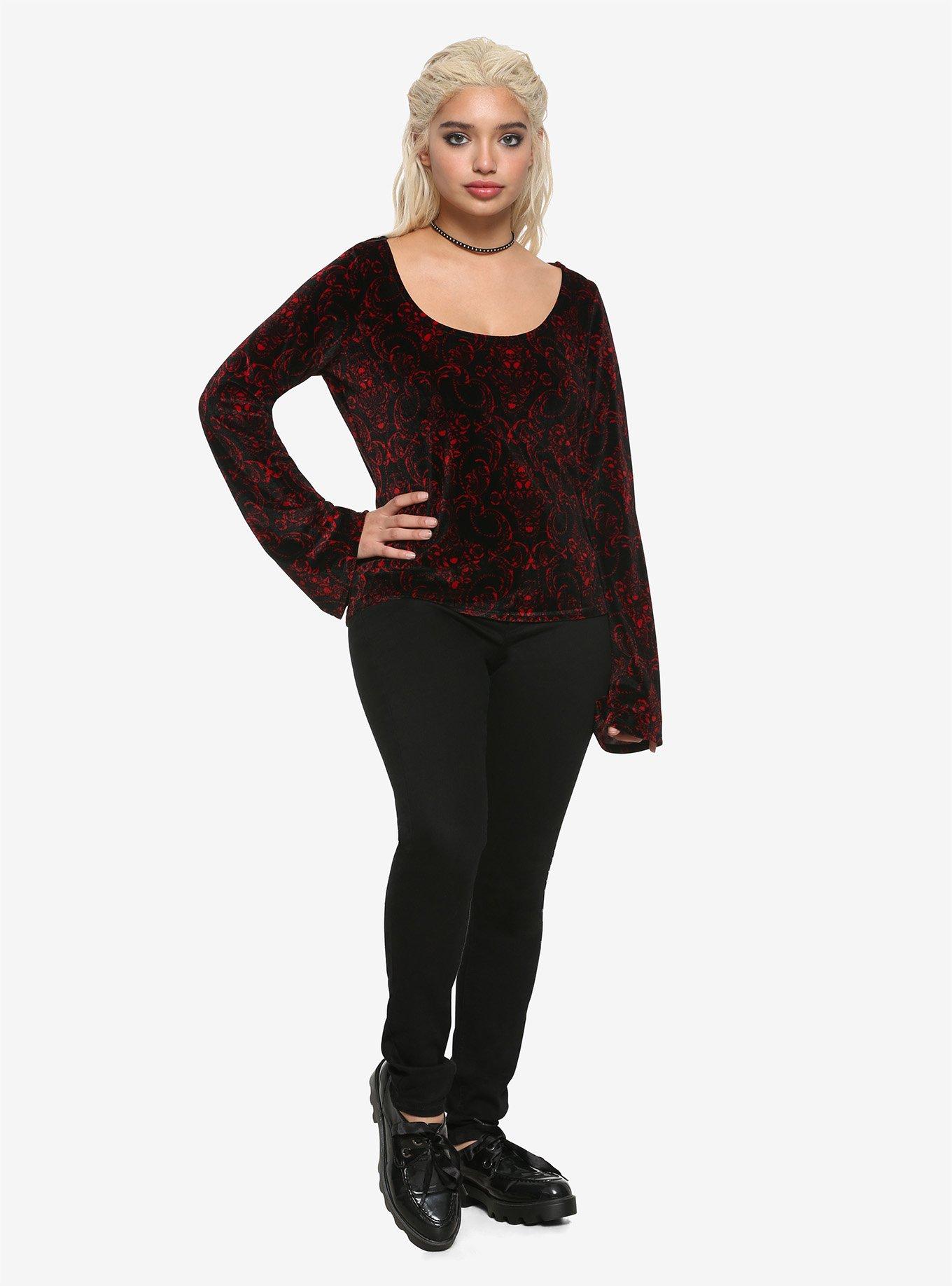 Red & Black Velvet Bell Sleeve Girls Crop Top, RED, alternate