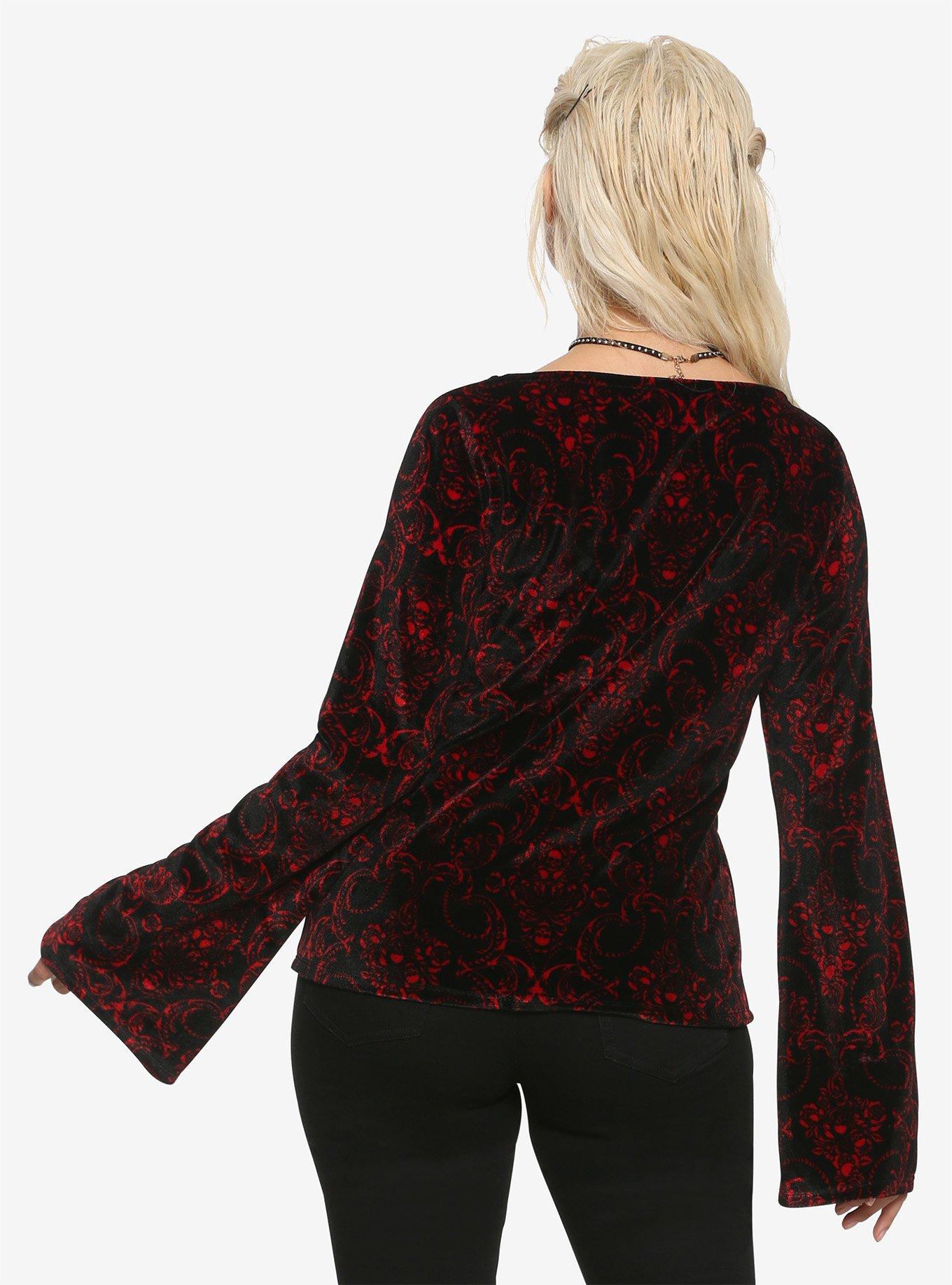 Red & Black Velvet Bell Sleeve Girls Crop Top, RED, alternate