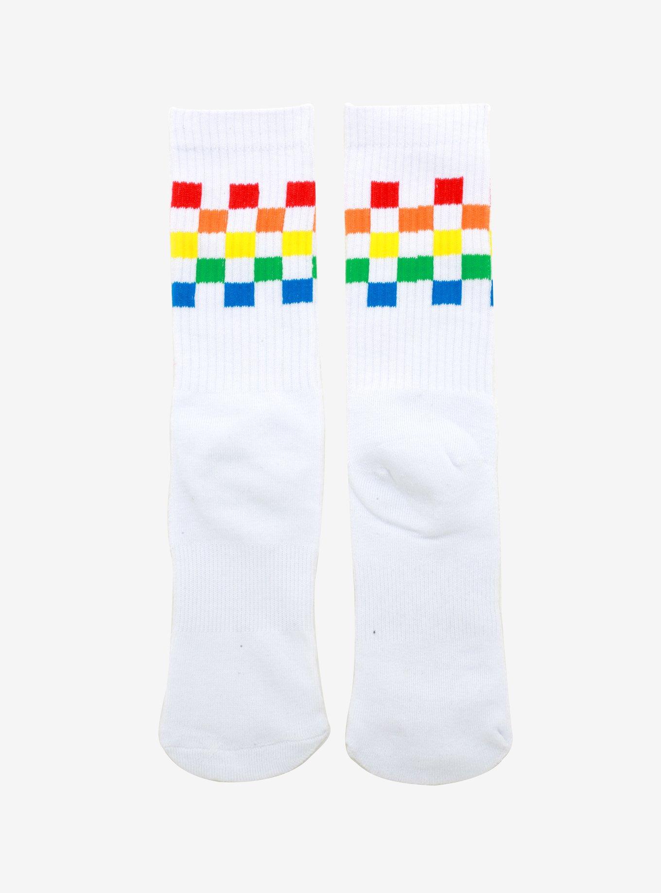Rainbow Checkered Crew Socks, , alternate