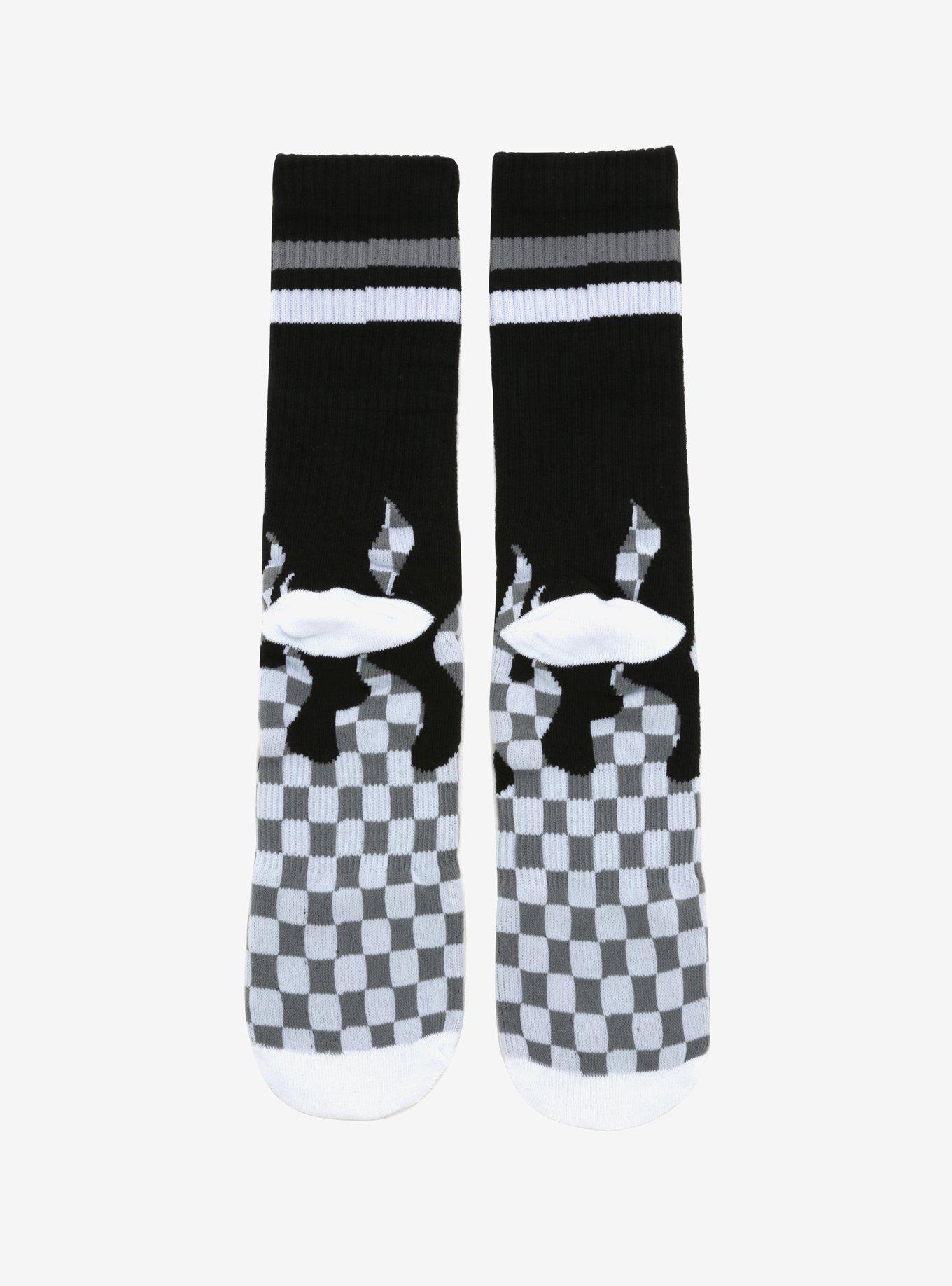 White & Grey Checkered Flame Crew Socks, , alternate