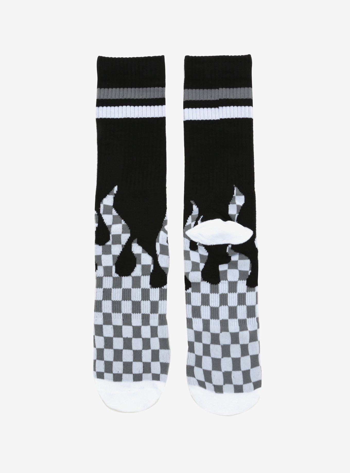 White & Grey Checkered Flame Crew Socks, , alternate