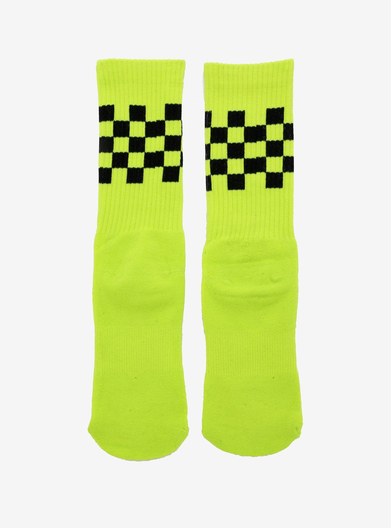Neon Green With Black Checkered Crew Socks, , alternate
