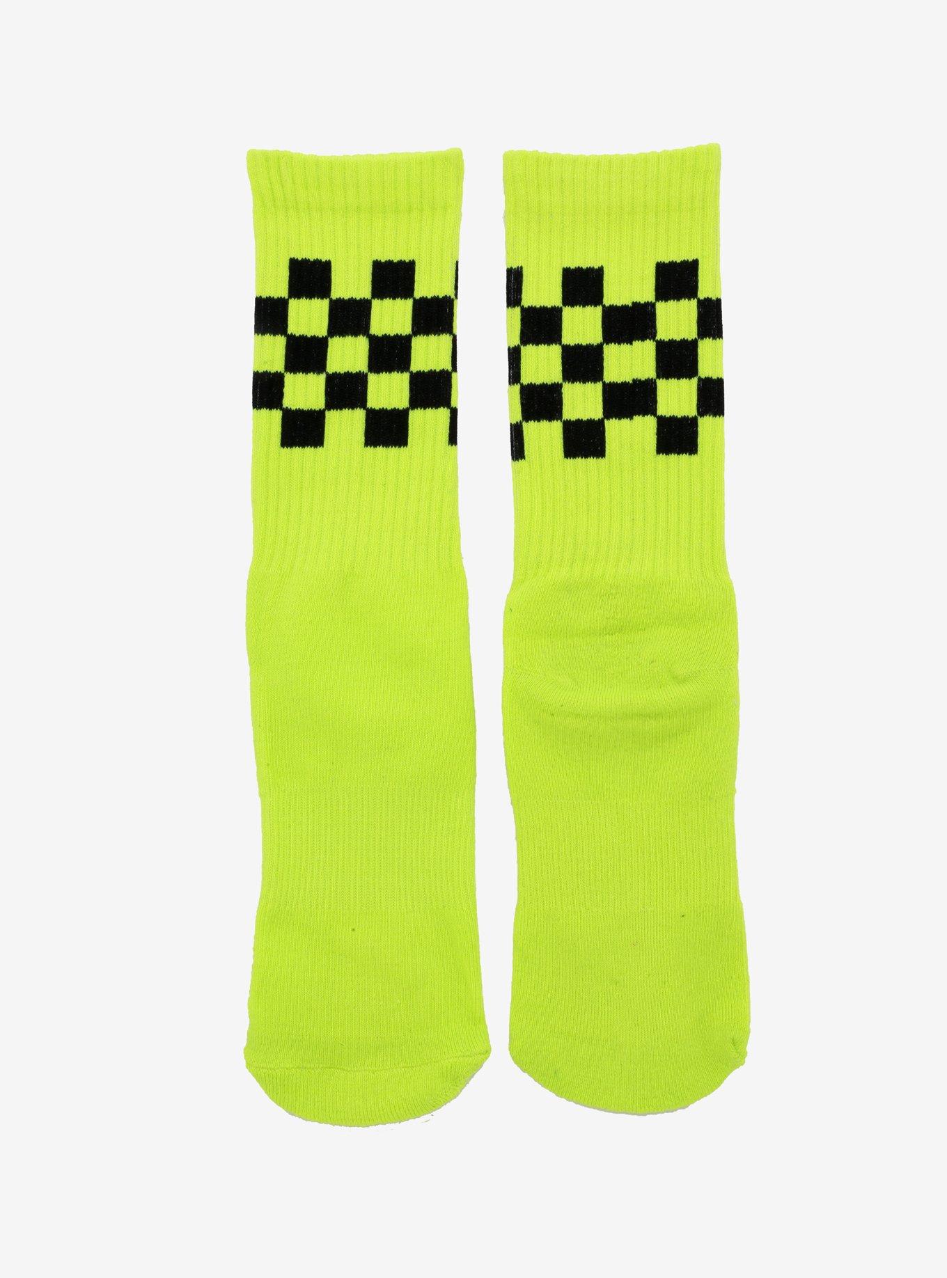 Neon Green With Black Checkered Crew Socks, , alternate