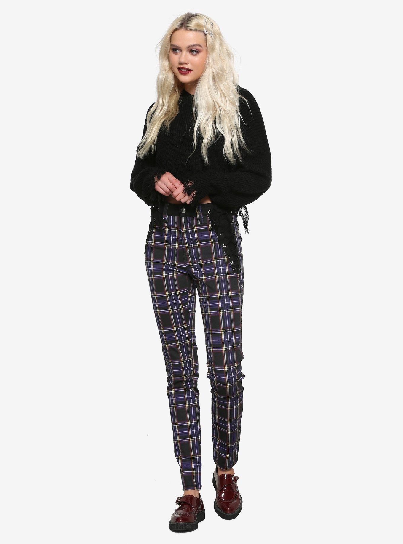 Royal Bones By Tripp Side Lace-Up Purple Plaid Pants, PLAID - PURPLE, alternate
