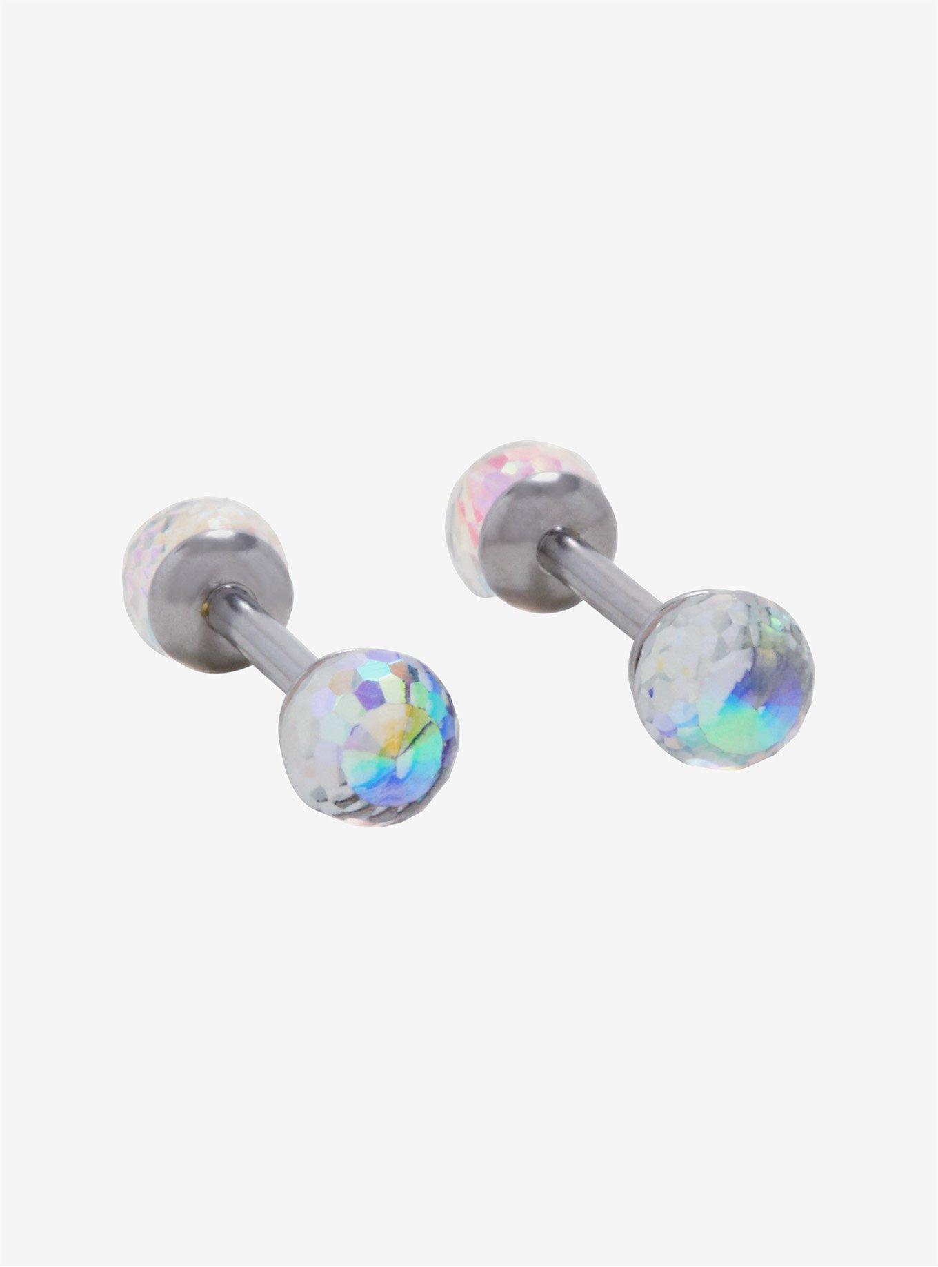 14G Steel Iridescent Crystal Nipple Barbell 2 Pack, , alternate