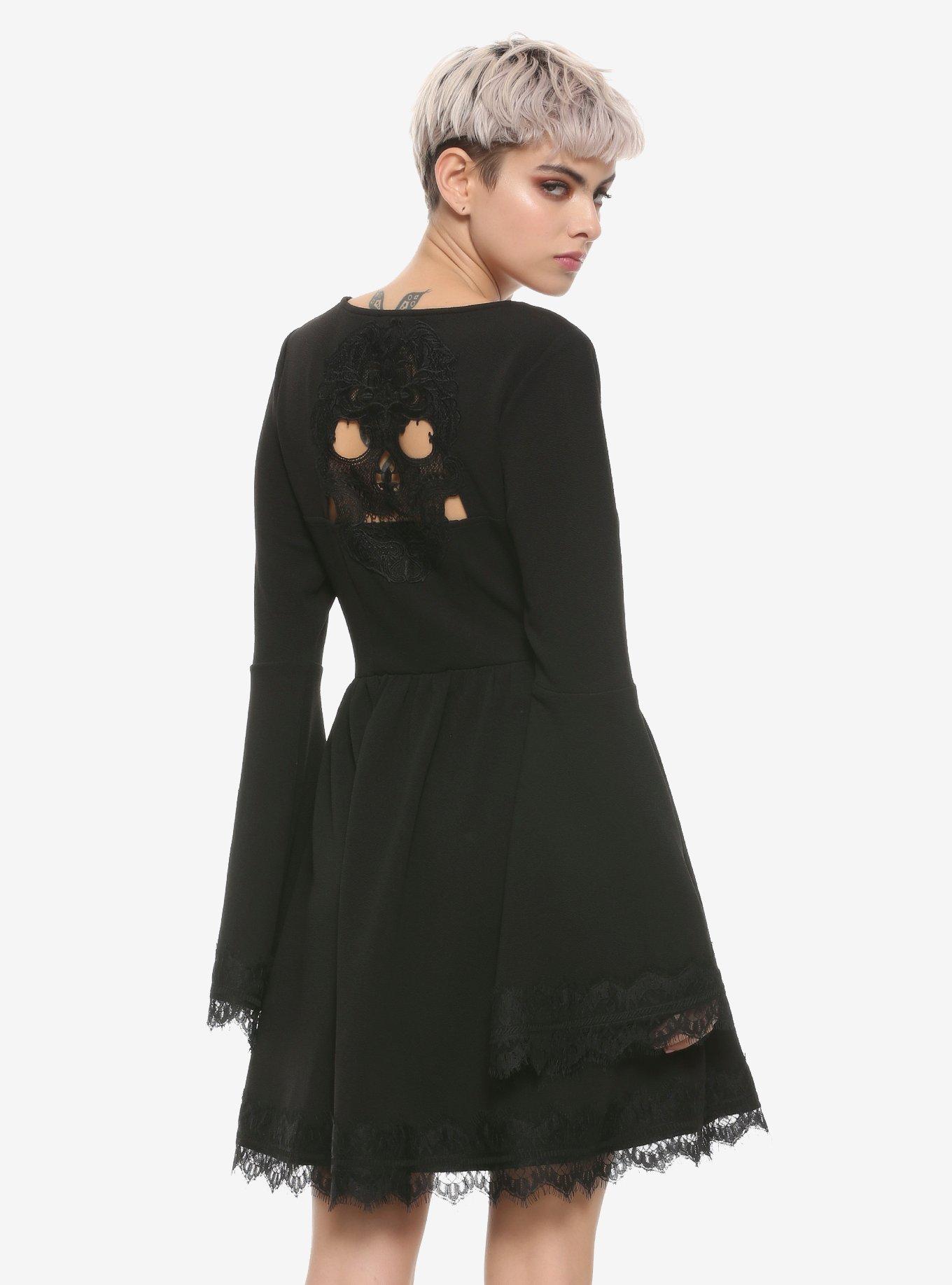 Lace Skull Bell Sleeve Dress, BLACK, alternate