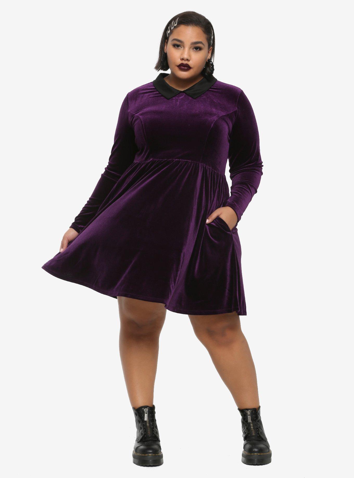 Purple Velvet Long-Sleeve Dress Plus Size, , alternate