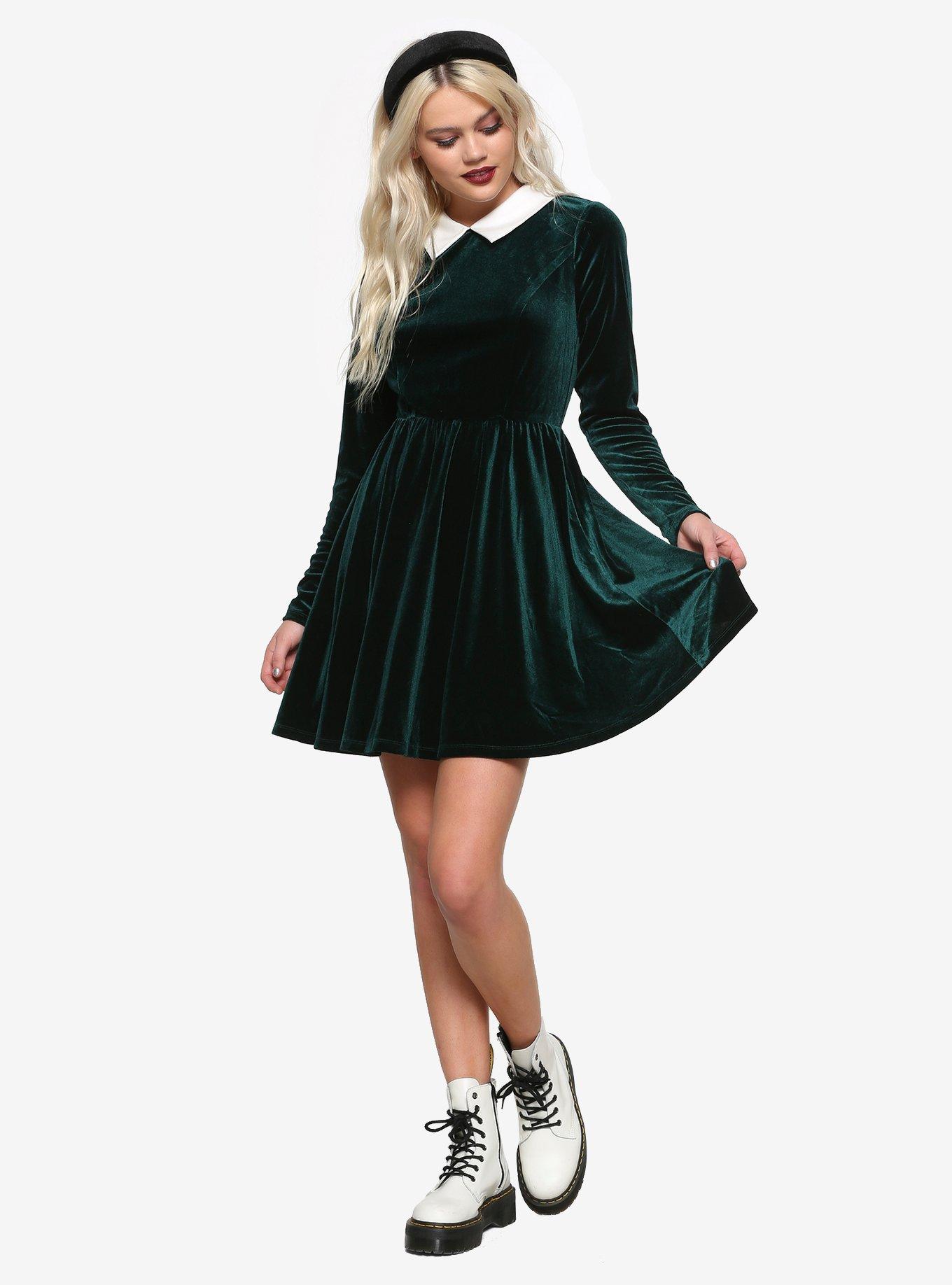 Green Velvet Long-Sleeve Dress, FOREST GREEN, alternate