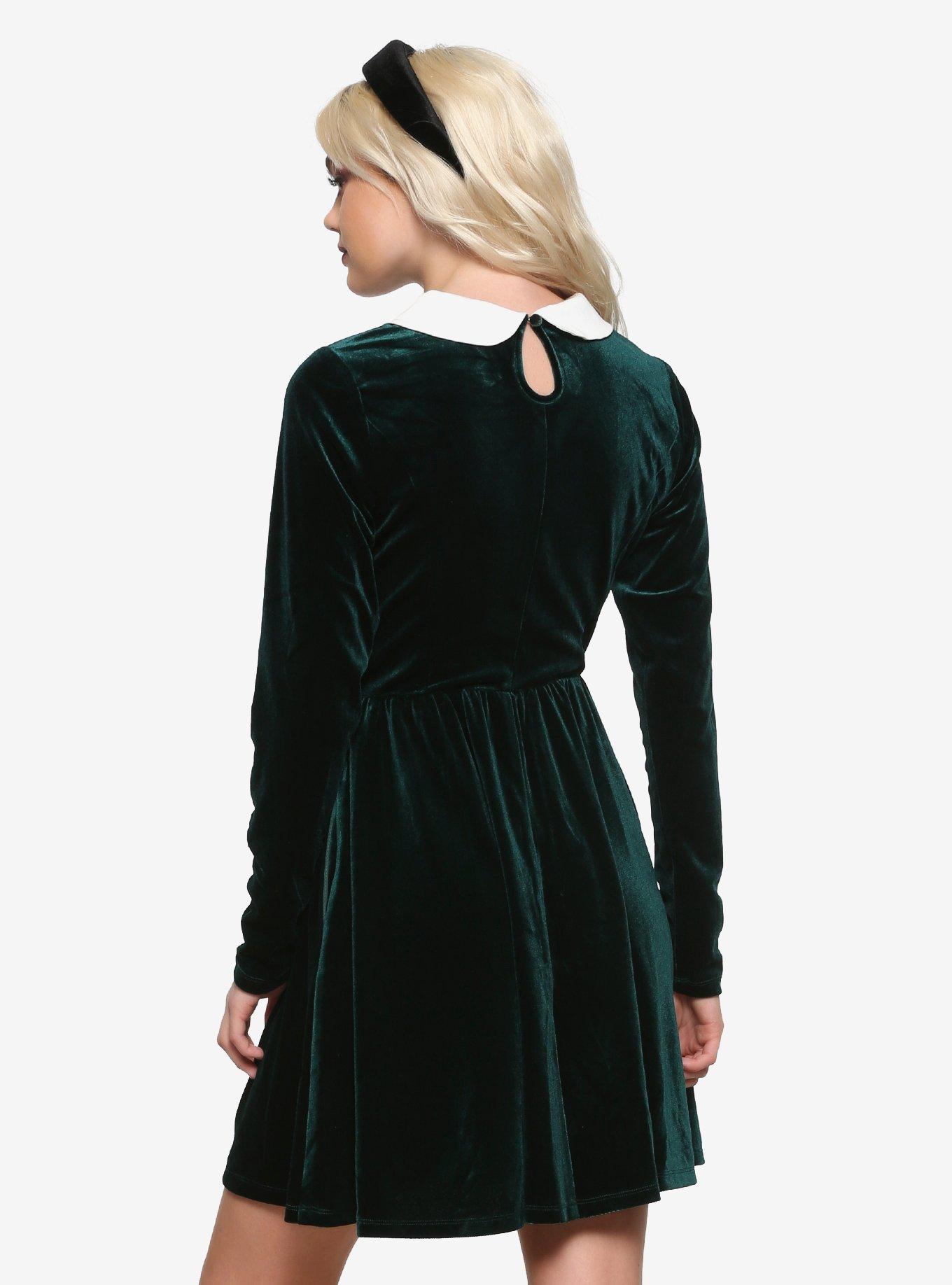 Green Velvet Long-Sleeve Dress, FOREST GREEN, alternate