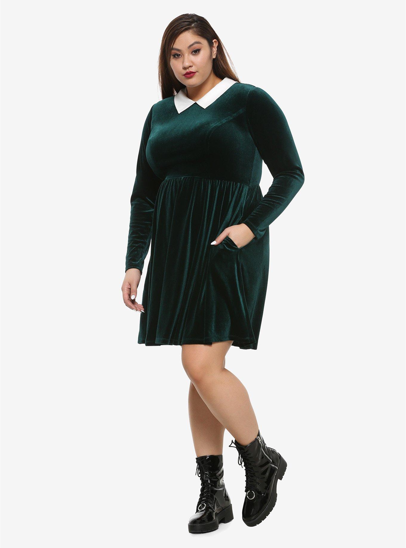 Green Velvet Long-Sleeve Dress Plus Size, FOREST GREEN, alternate