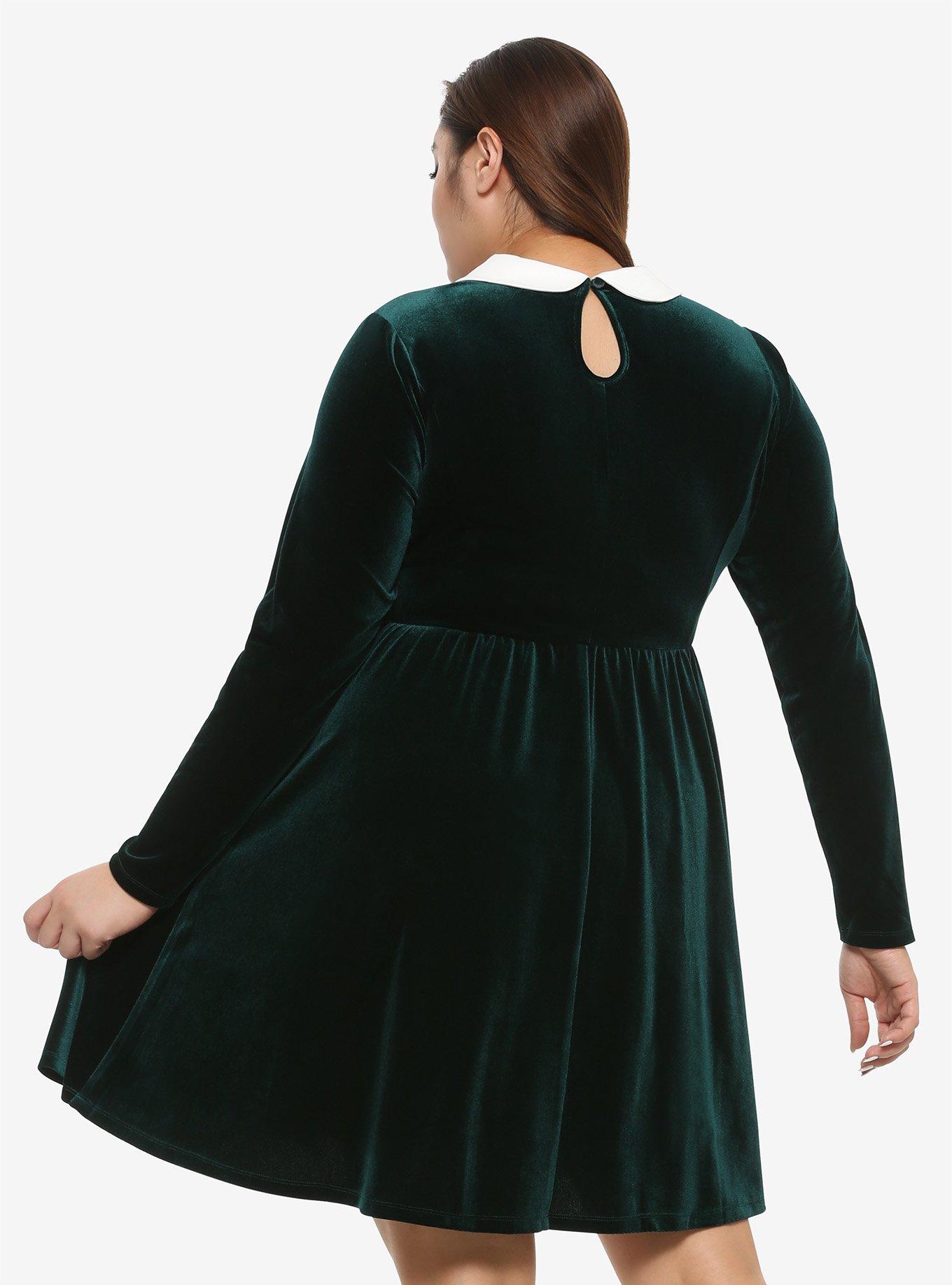 Green Velvet Long-Sleeve Dress Plus Size, FOREST GREEN, alternate