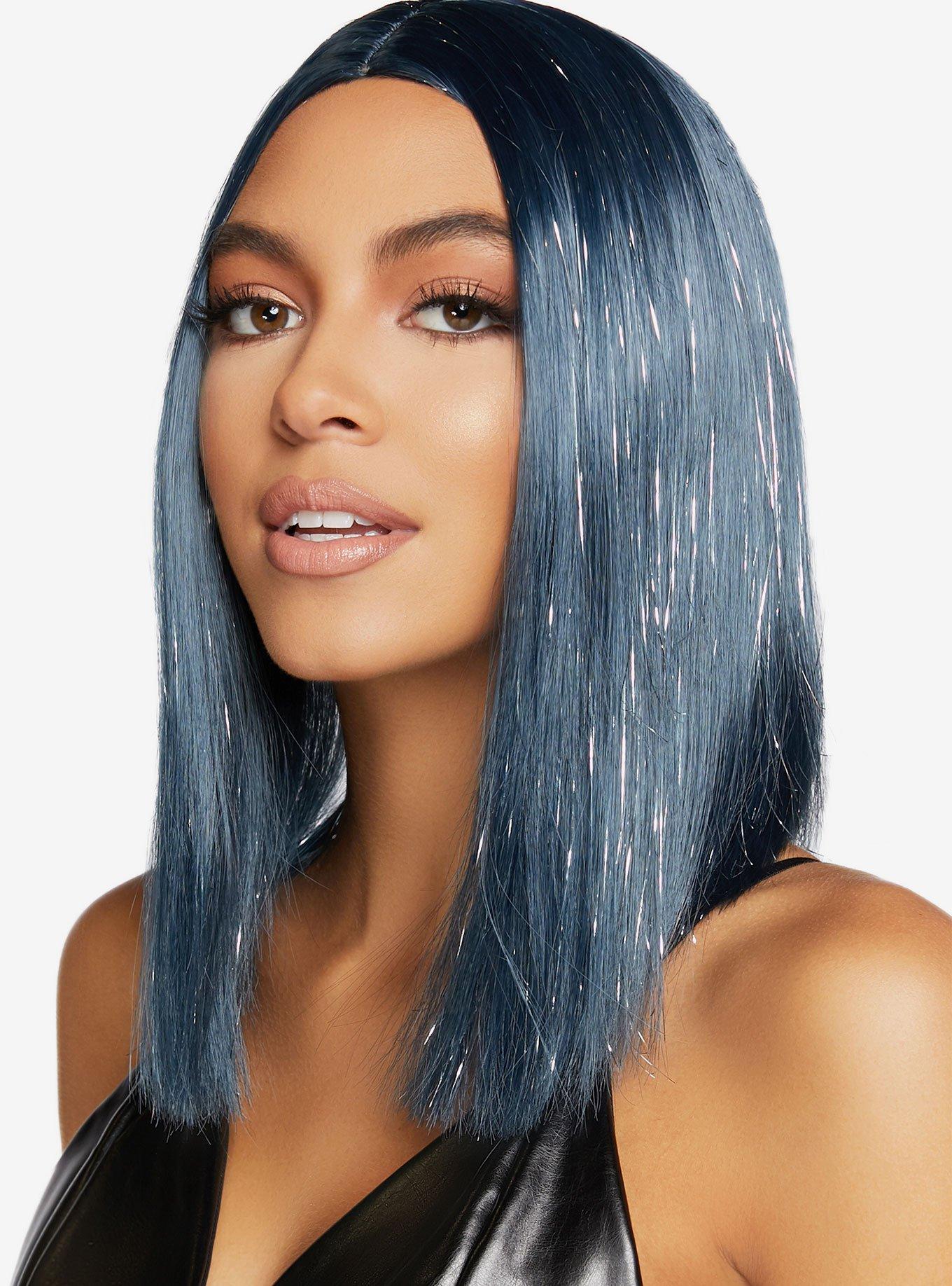 Midnight Blue Center Part Long Bob Wig With Tinsel, , alternate