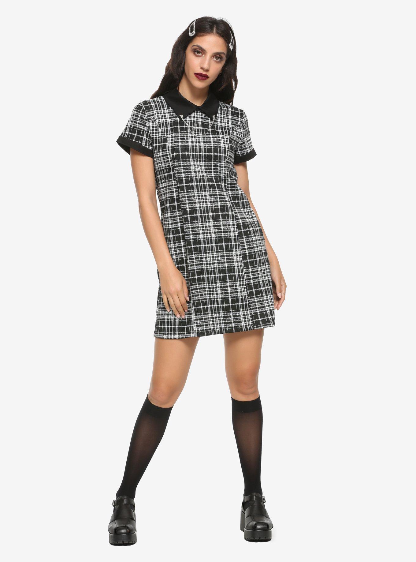 Black & White Plaid Skull Pins Collared Dress, PLAID, alternate