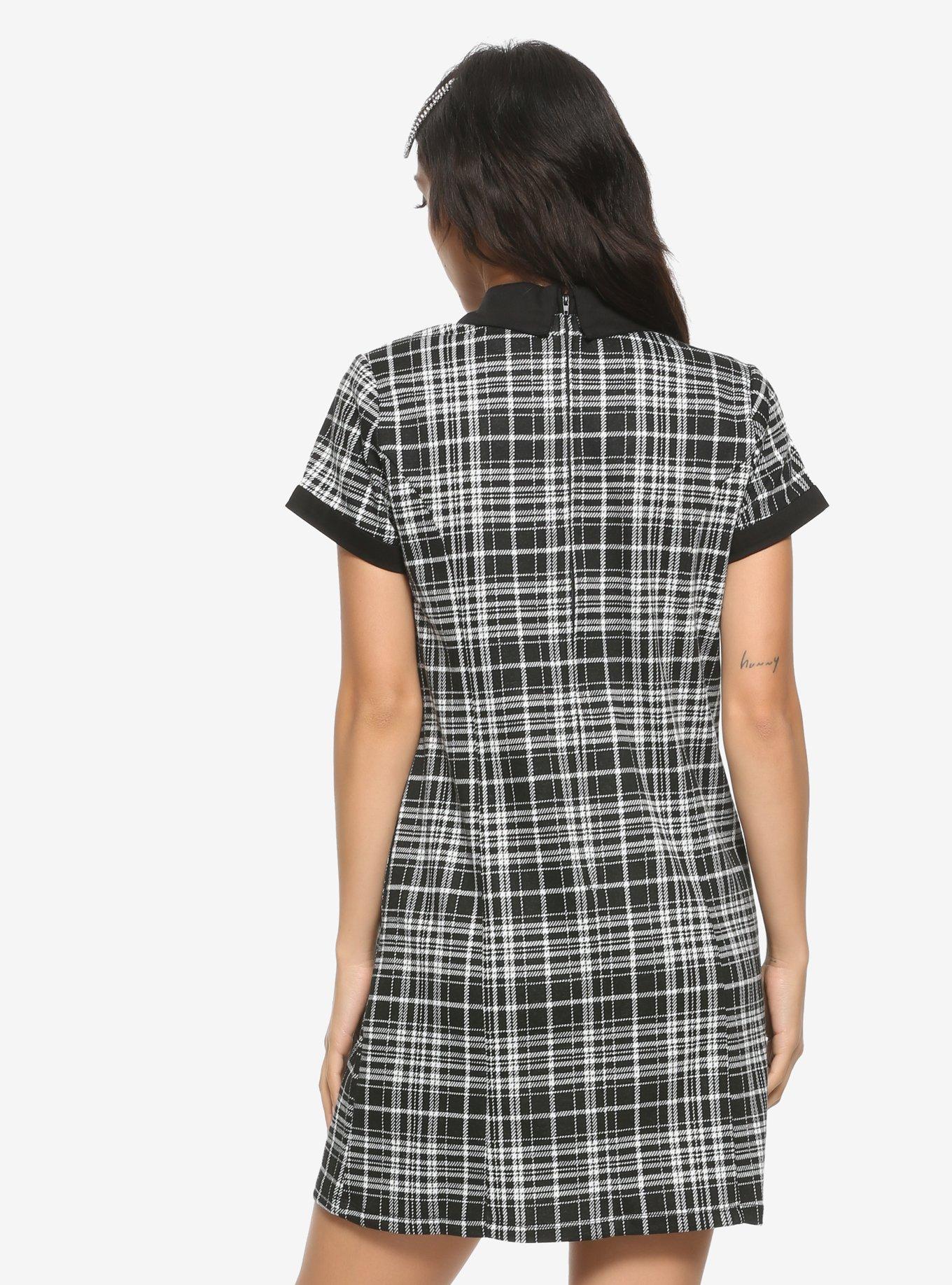 Black & White Plaid Skull Pins Collared Dress, PLAID, alternate