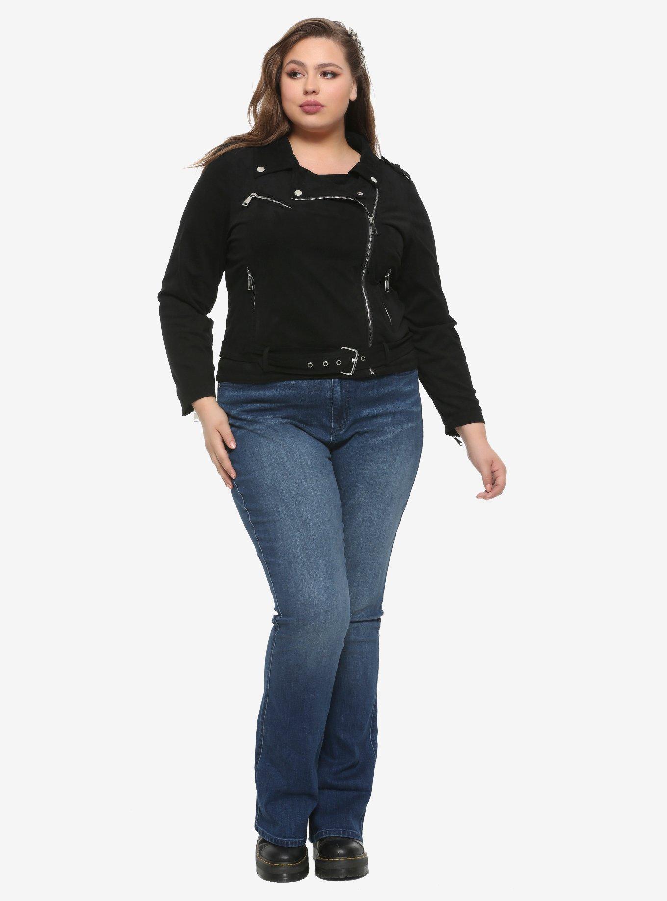 Black Faux Suede Girls Moto Jacket Plus Size, BLACK, alternate