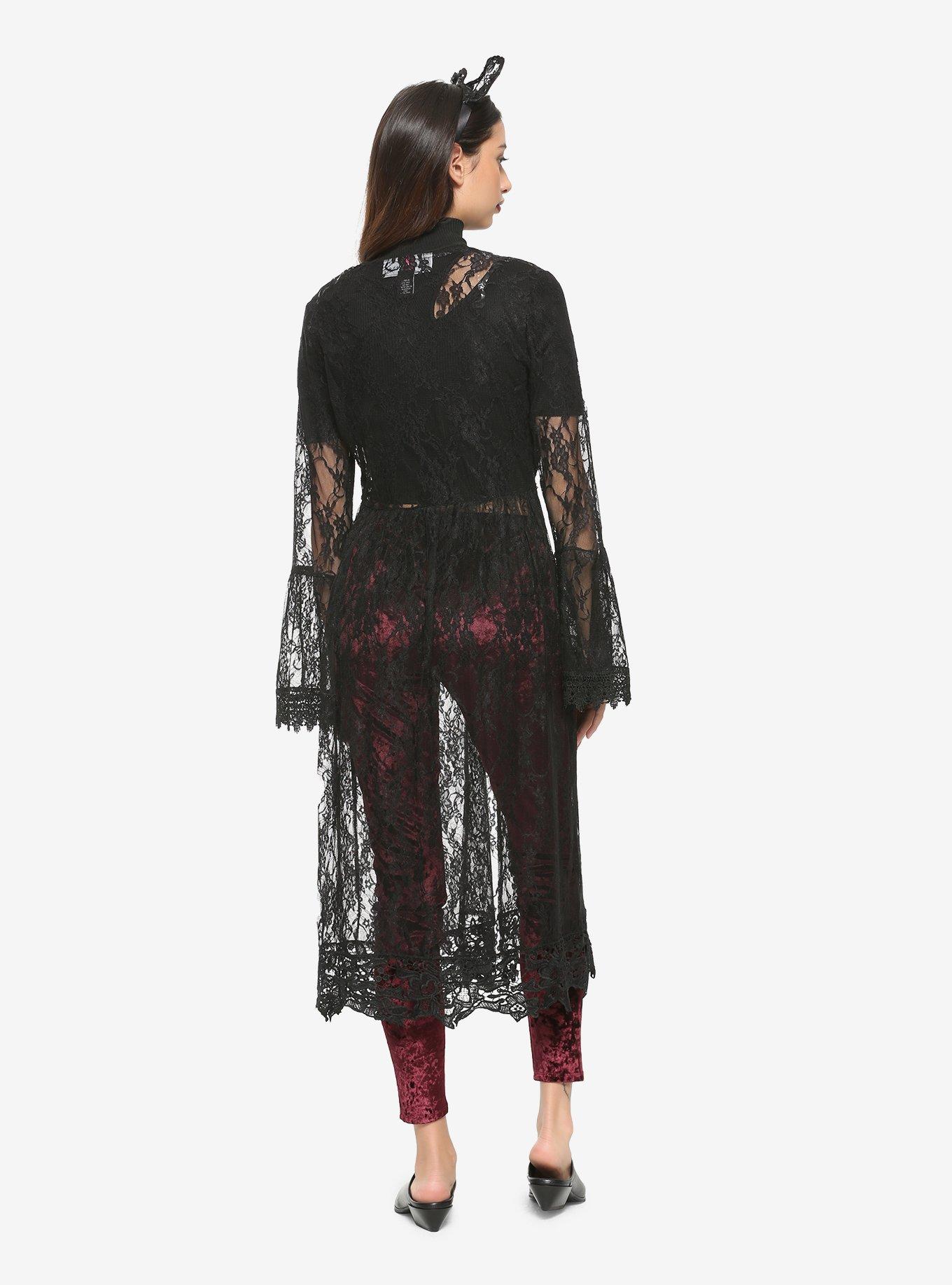 Black Lace Tie-Front Bell Sleeve Duster, , alternate