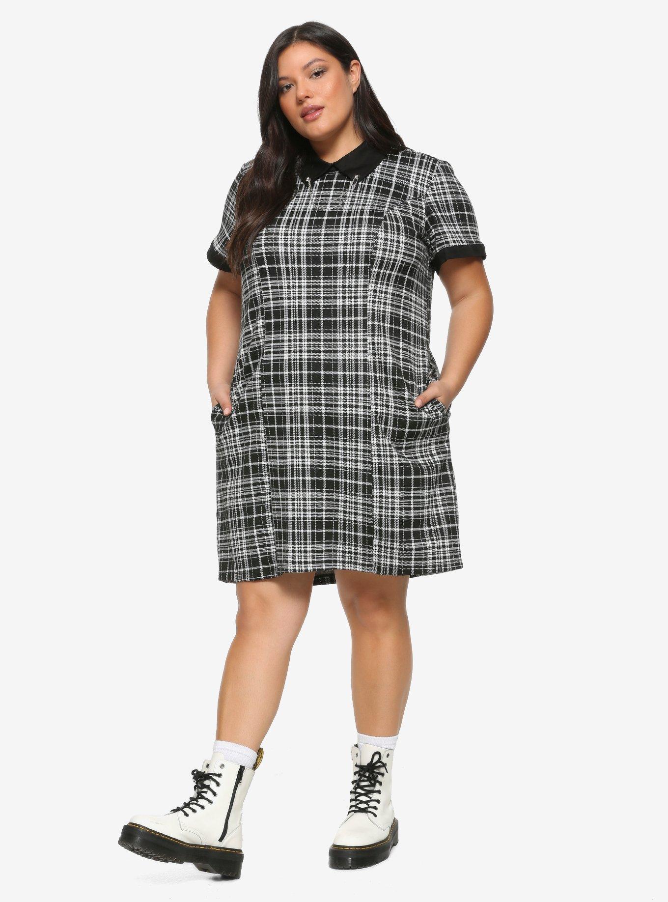 Black & White Plaid Skull Pins Collared Dress Plus Size, PLAID, alternate