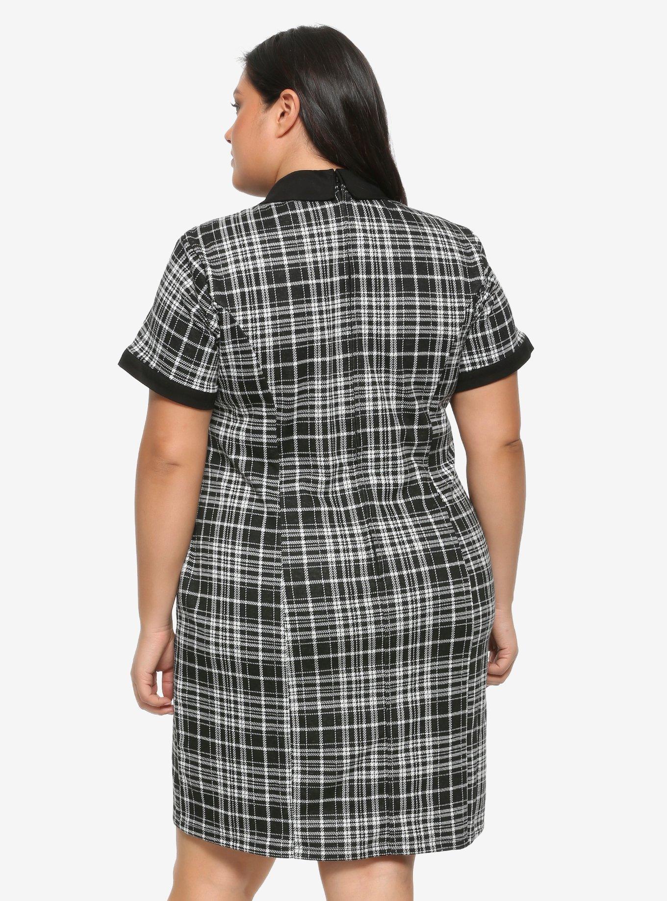 Black & White Plaid Skull Pins Collared Dress Plus Size, PLAID, alternate