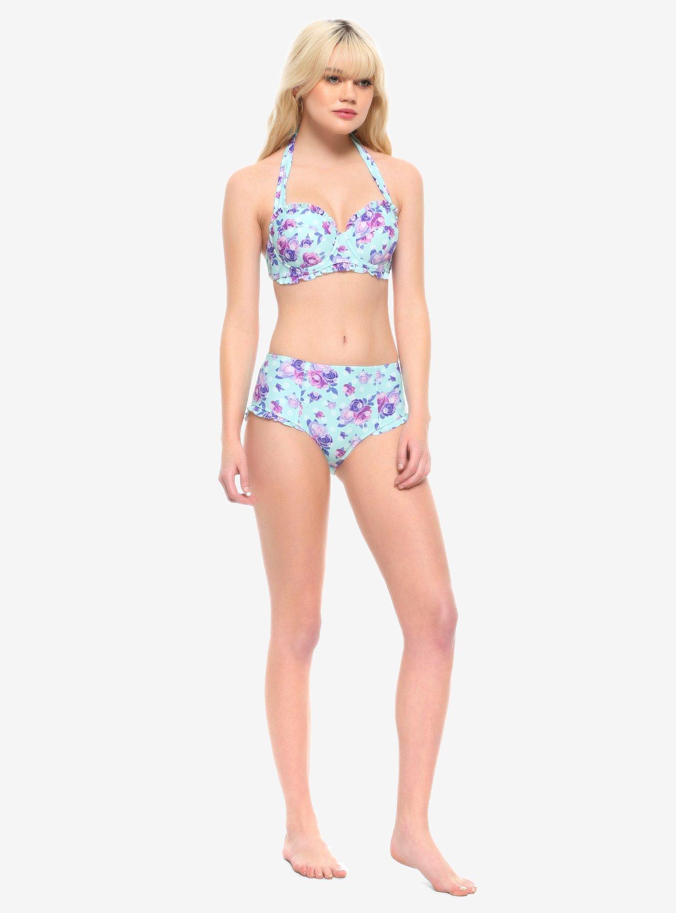 Blue Floral & Polka Dot Ruffle High-Waisted Swim Bottoms, BLUE, alternate