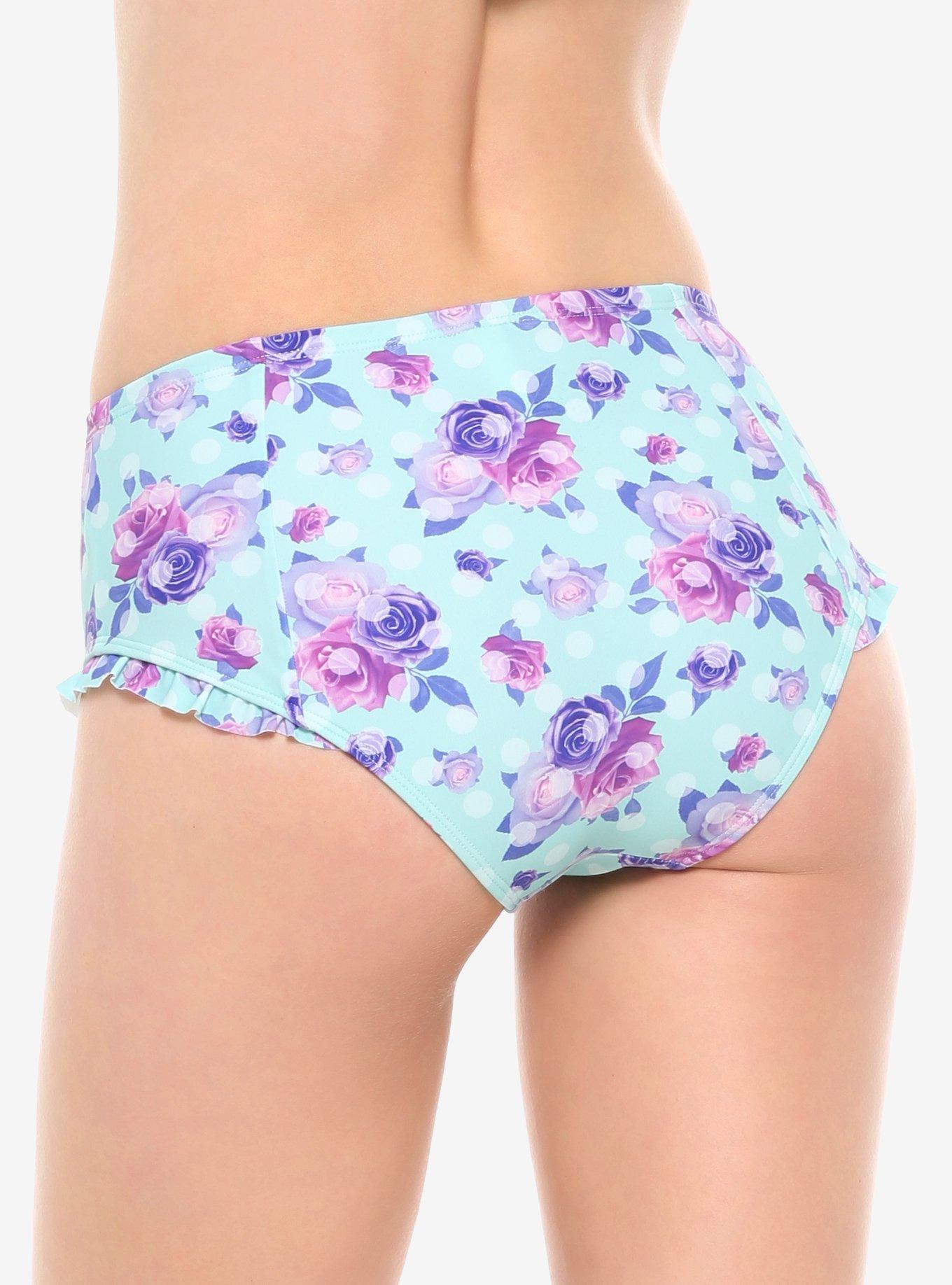 Blue Floral & Polka Dot Ruffle High-Waisted Swim Bottoms, BLUE, alternate
