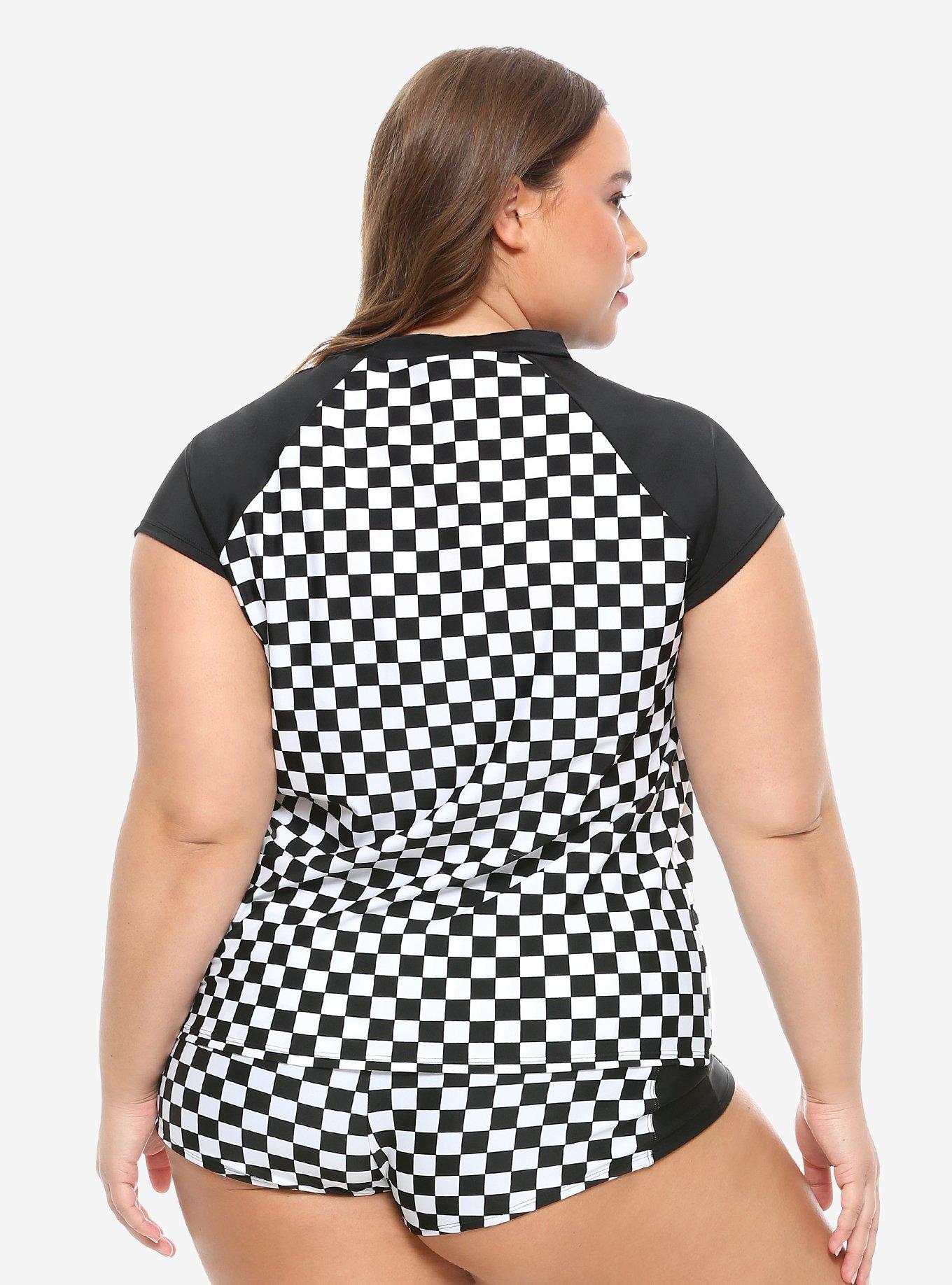 Black & White Checkered Girls Rash Guard Plus Size, MULTI, alternate