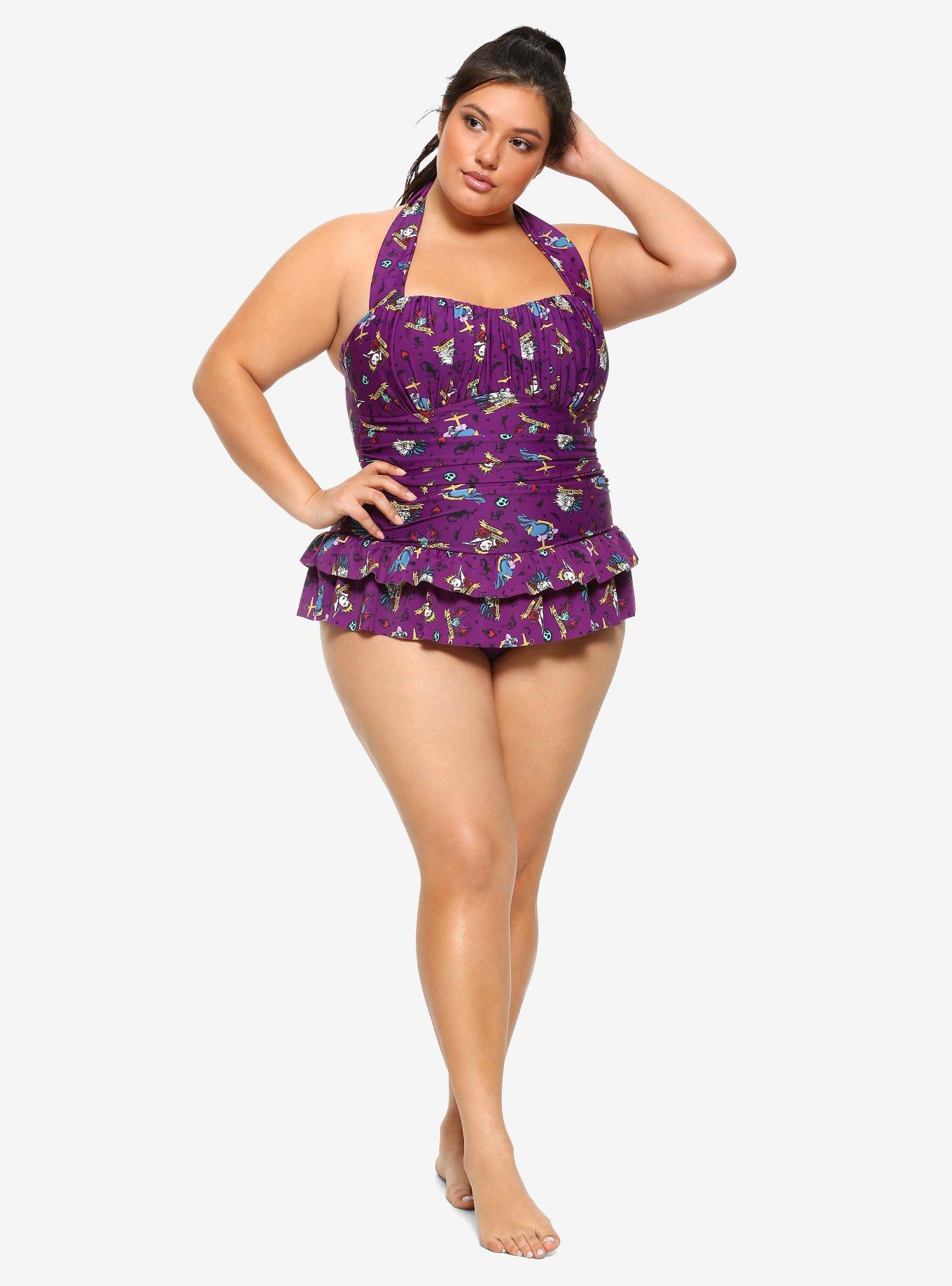 Disney Villains Tattoo Print Ruffle Swimsuit Plus Size, MULTI, alternate