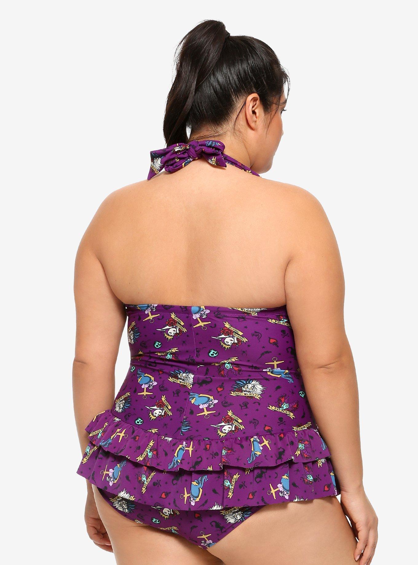 Disney Villains Tattoo Print Ruffle Swimsuit Plus Size, MULTI, alternate