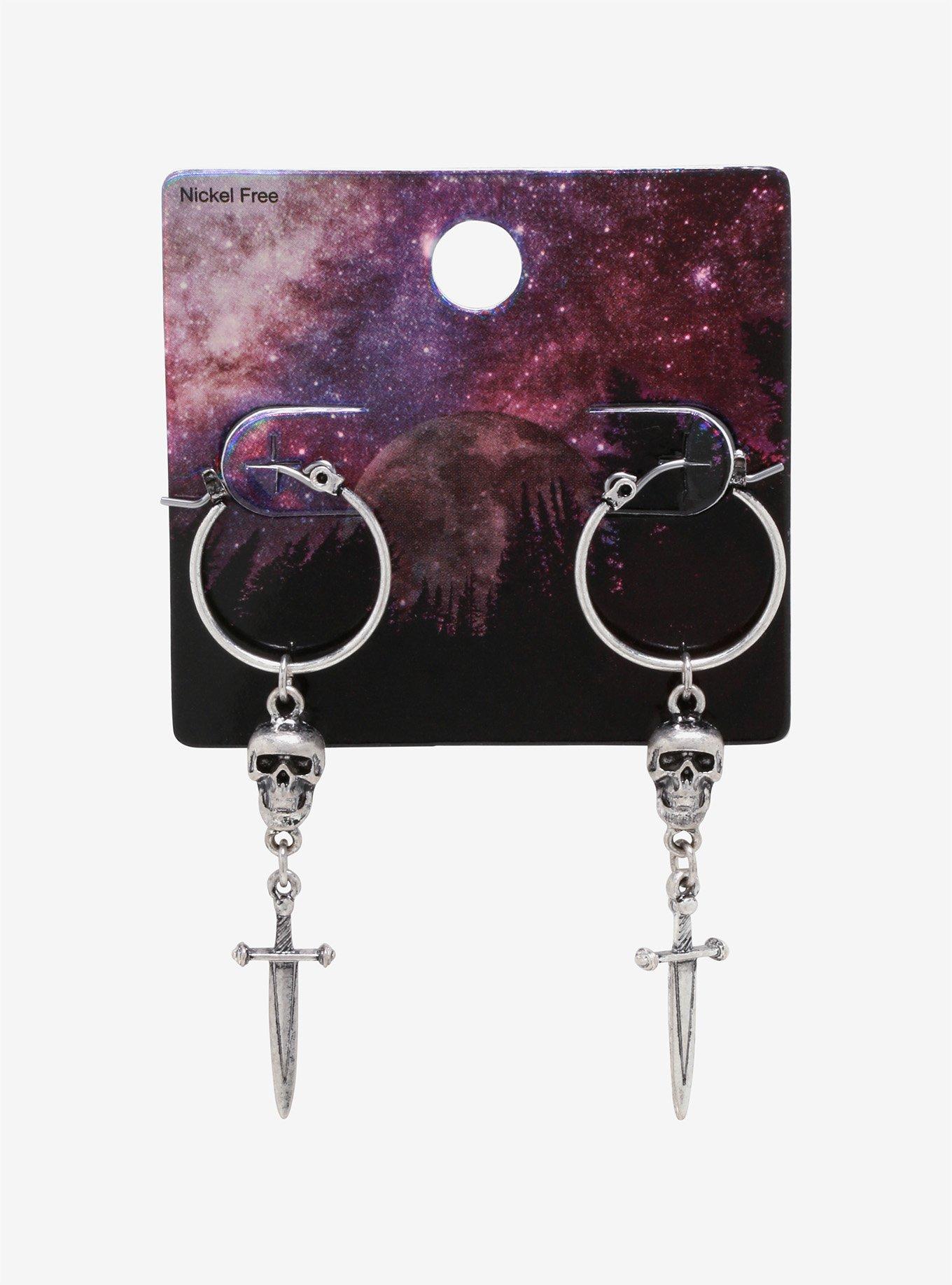 Skull & Dagger Dangle Hoop Earrings, , alternate