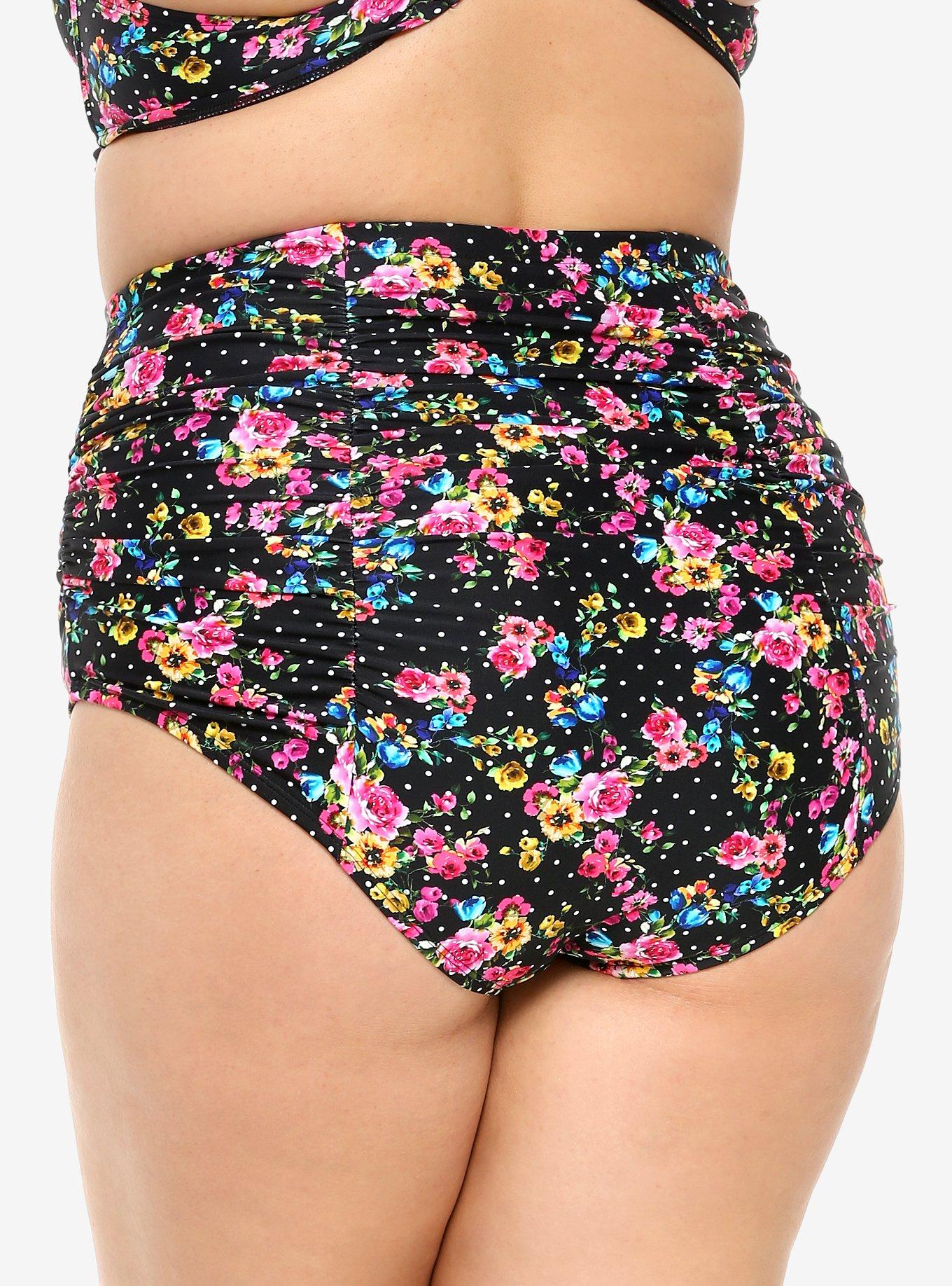 Bright Floral & Polka Dot Ruched High-Waisted Swim Bottoms Plus Size, MULTI, alternate
