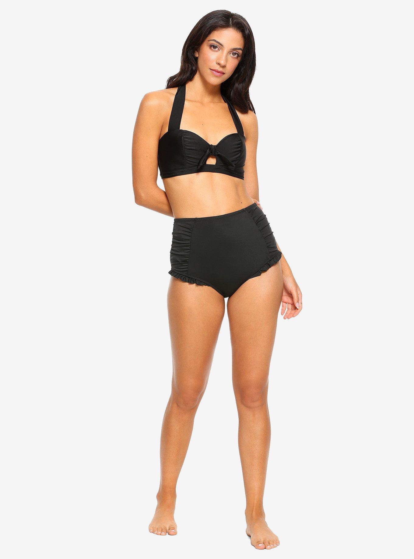 Black Ruched High-Waisted Swim Bottoms, , hi-res
