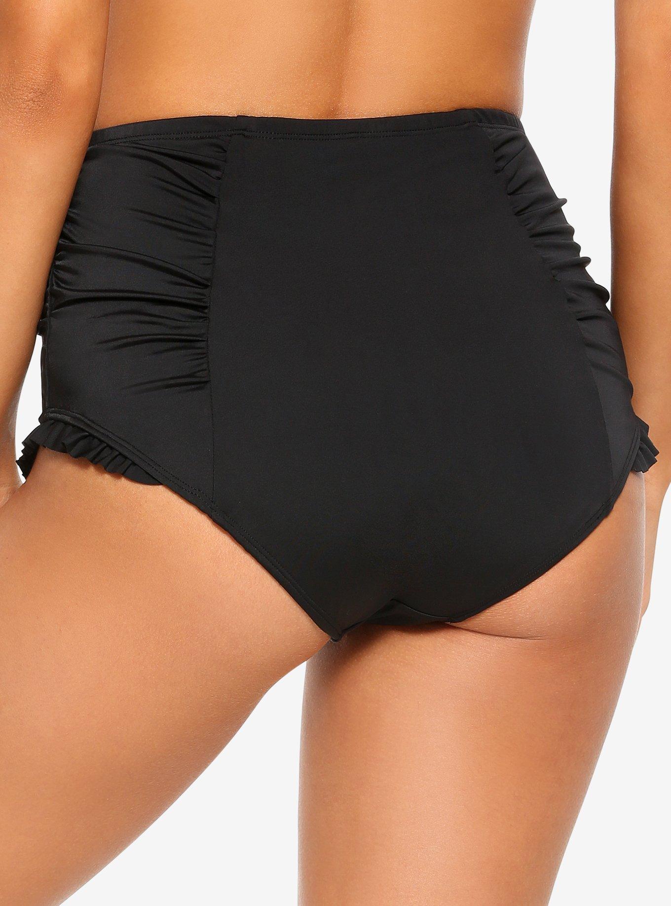 Black Ruched High-Waisted Swim Bottoms, MULTI, alternate