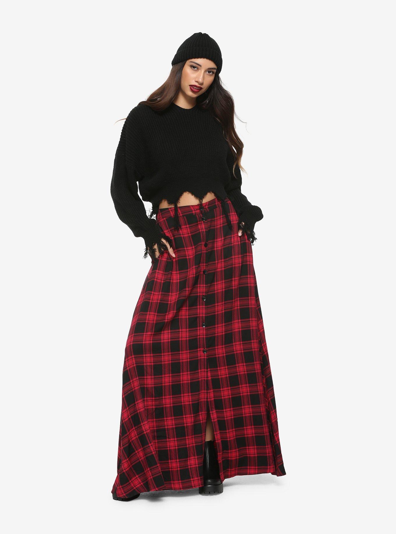 Red & Black Plaid Maxi Button-Front Skirt, PLAID-RED, alternate