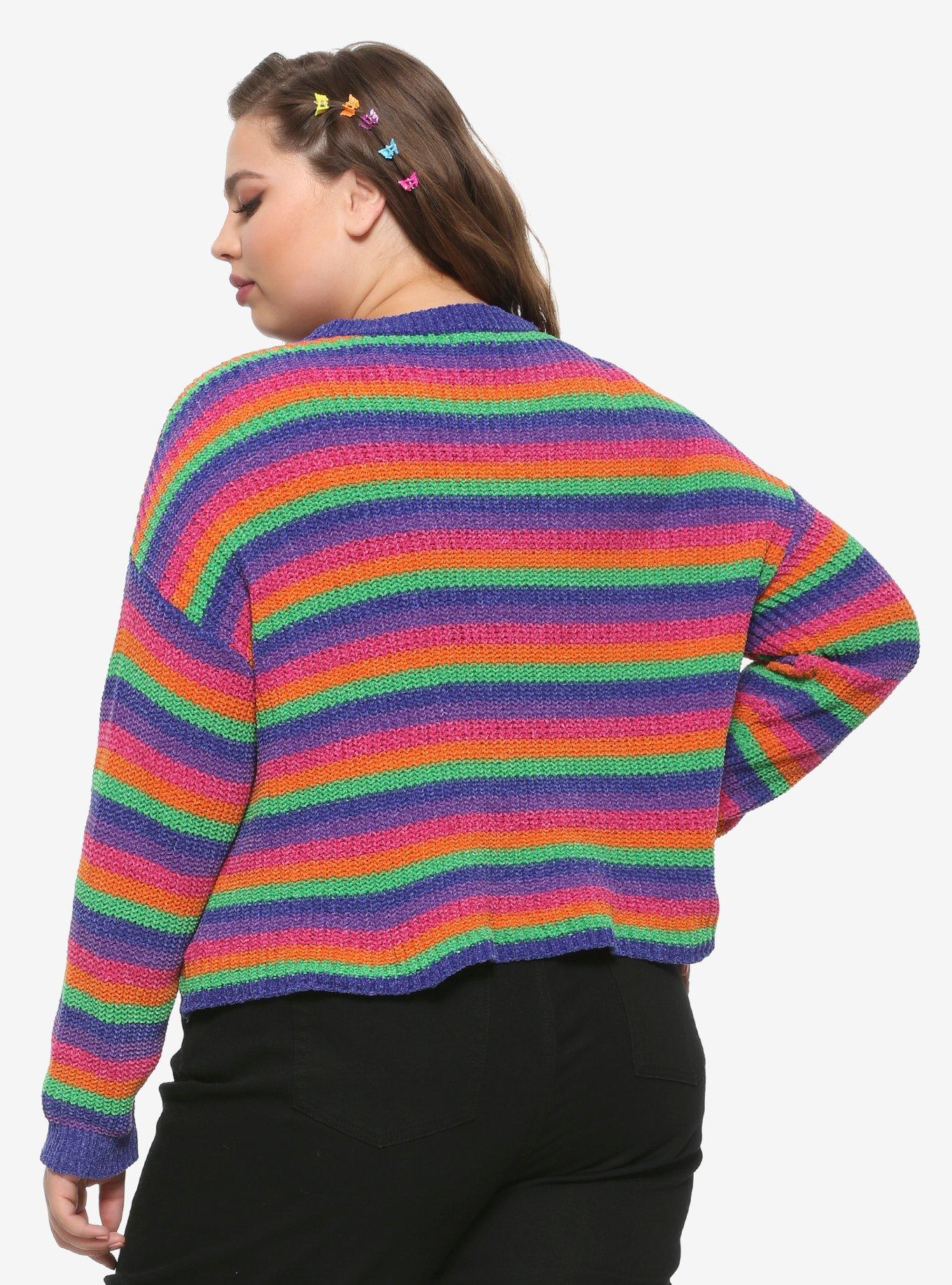 Rainbow Stripe Girls Sweater Plus Size, RAINBOW, alternate